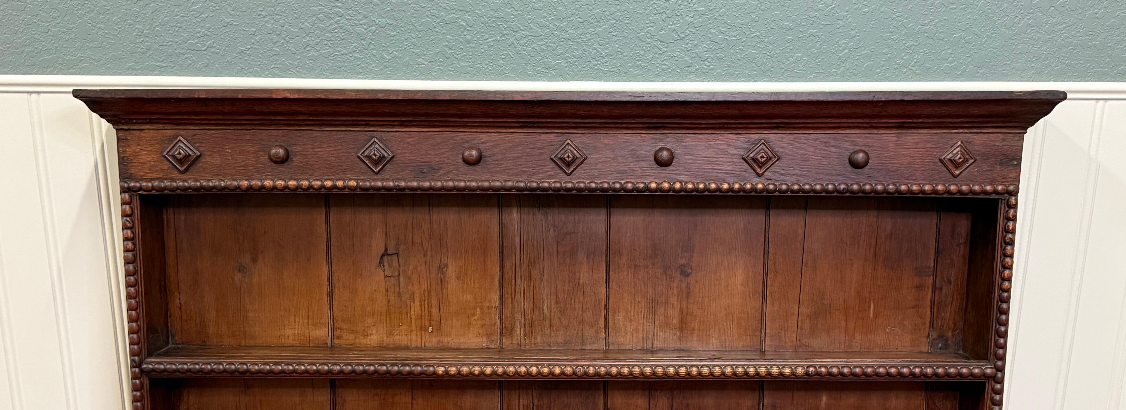 Antique English Plate Rack Wall Shelf LARGE Jacobean Carved Oak Mid 19th century 6