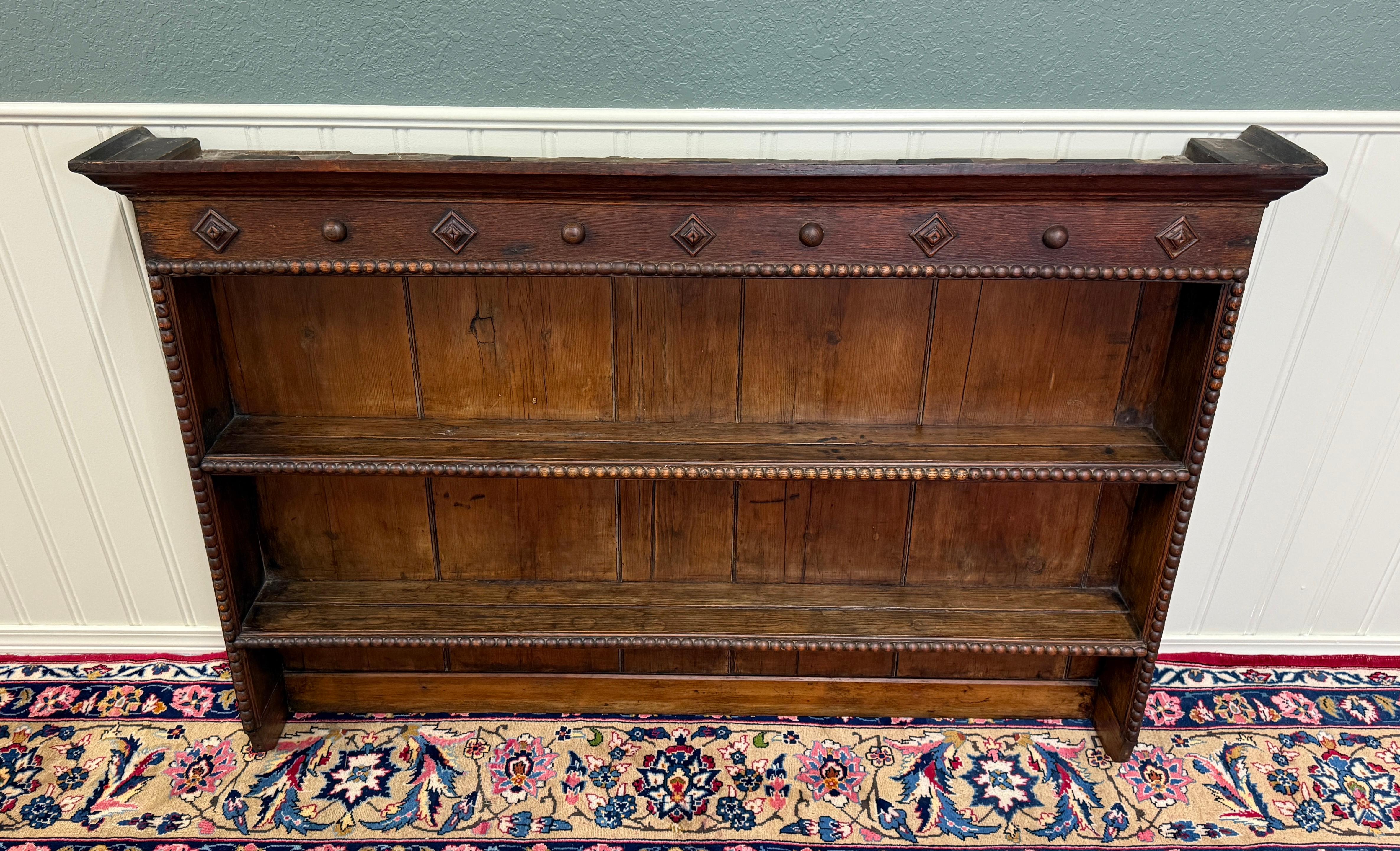 Antique English Plate Rack Wall Shelf LARGE Jacobean Carved Oak Mid 19th century 7