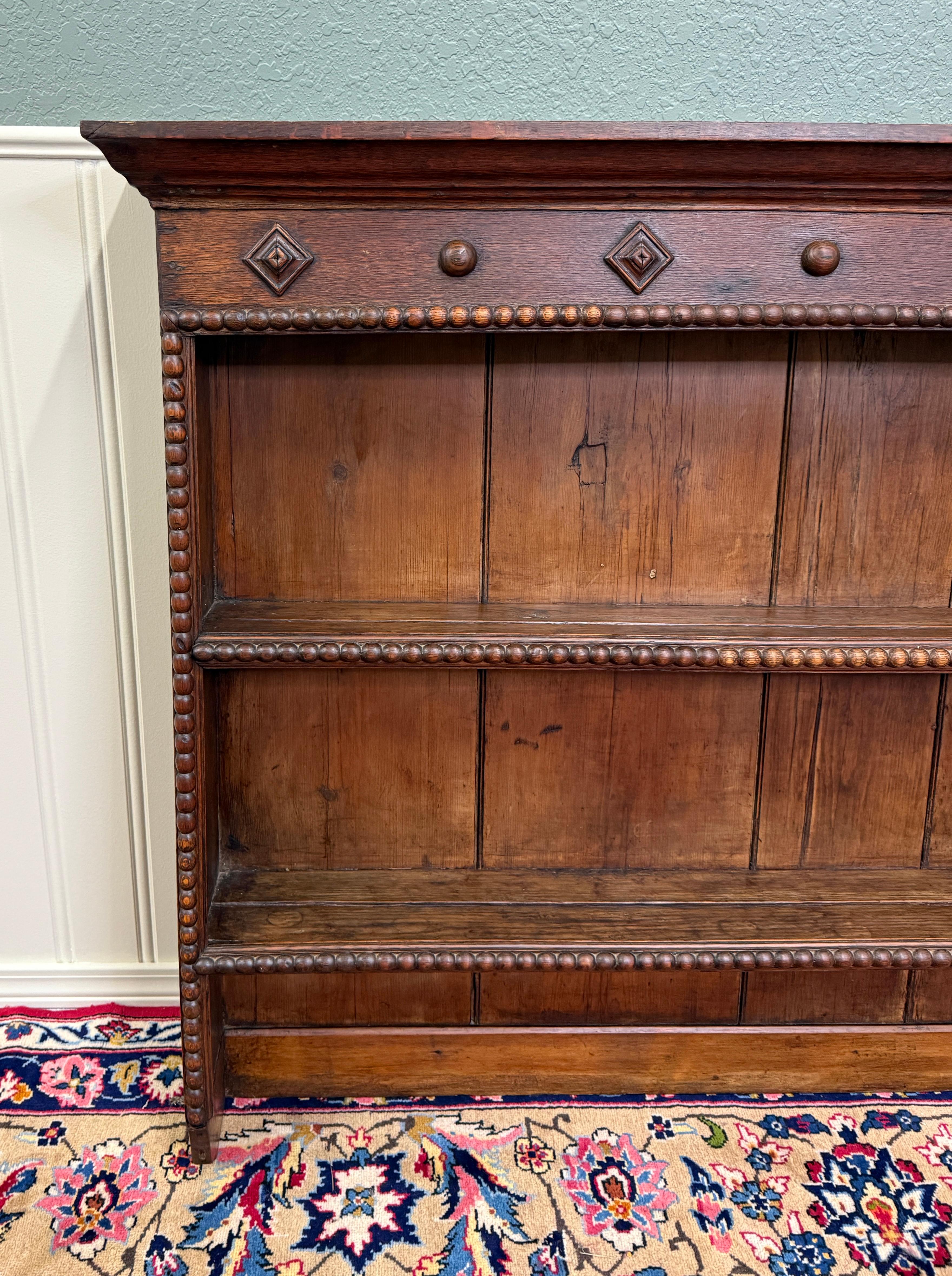 Antique English Plate Rack Wall Shelf LARGE Jacobean Carved Oak Mid 19th century 9