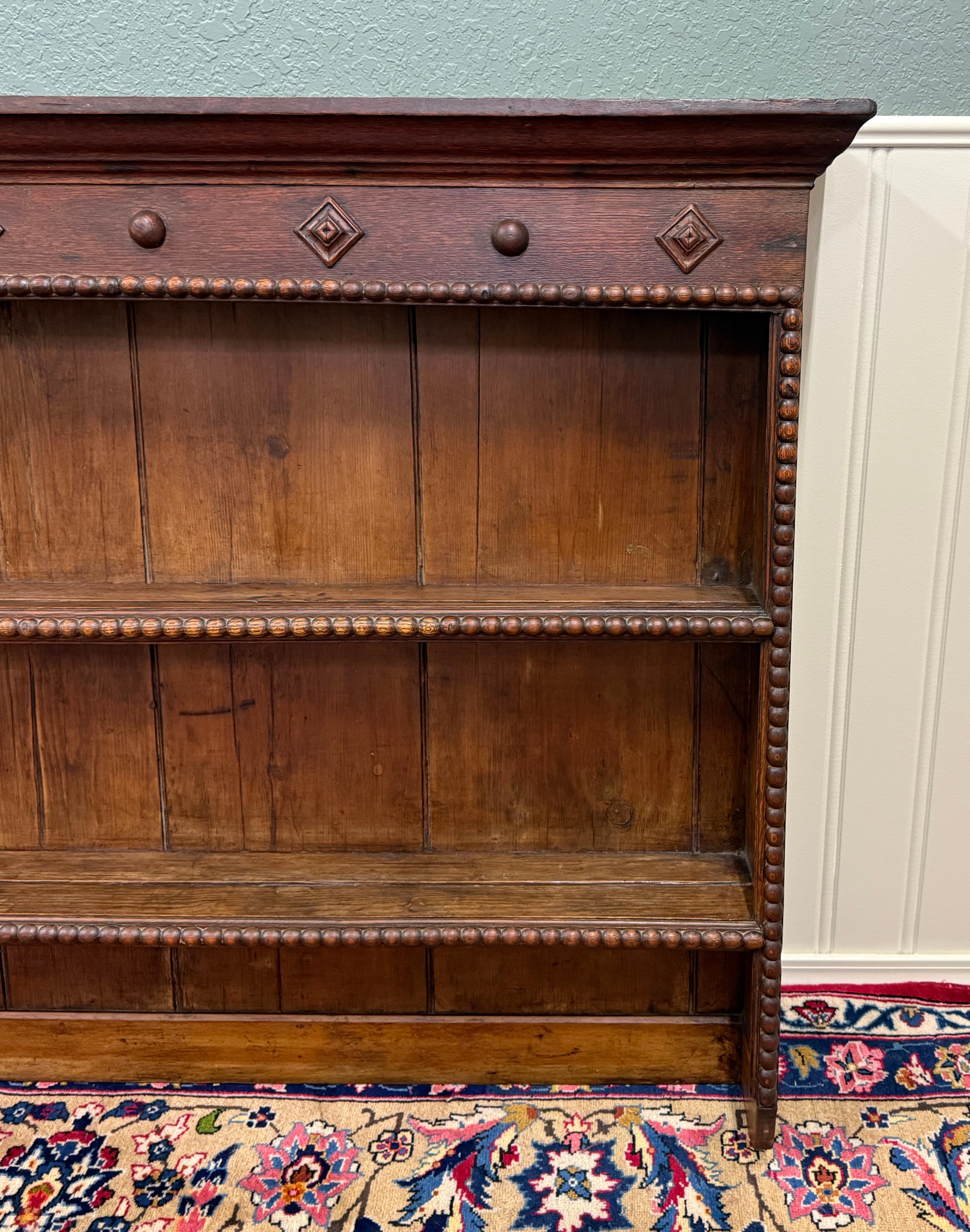 Antique English Plate Rack Wall Shelf LARGE Jacobean Carved Oak Mid 19th century 10