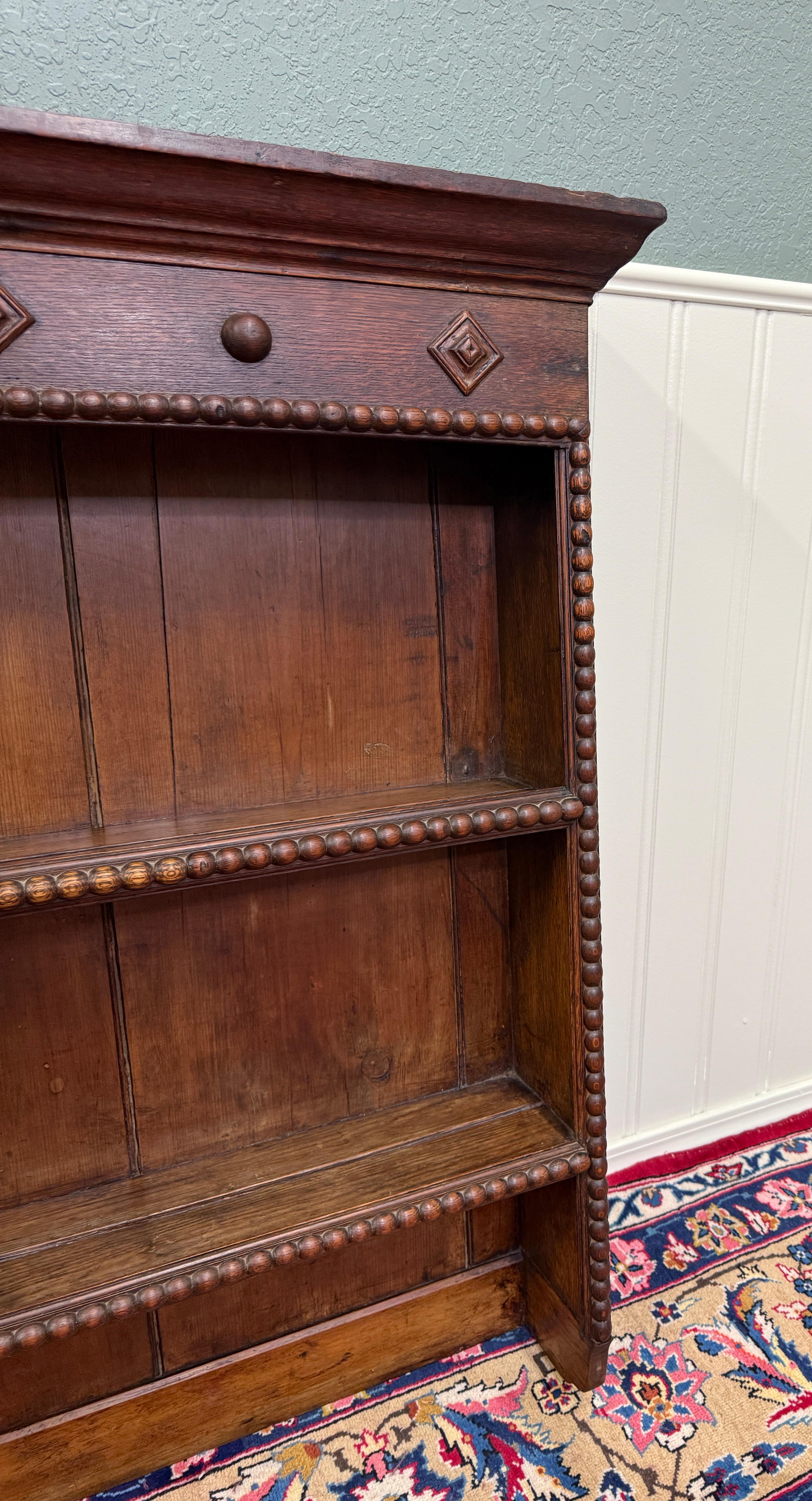 Antique English Plate Rack Wall Shelf LARGE Jacobean Carved Oak Mid 19th century 12