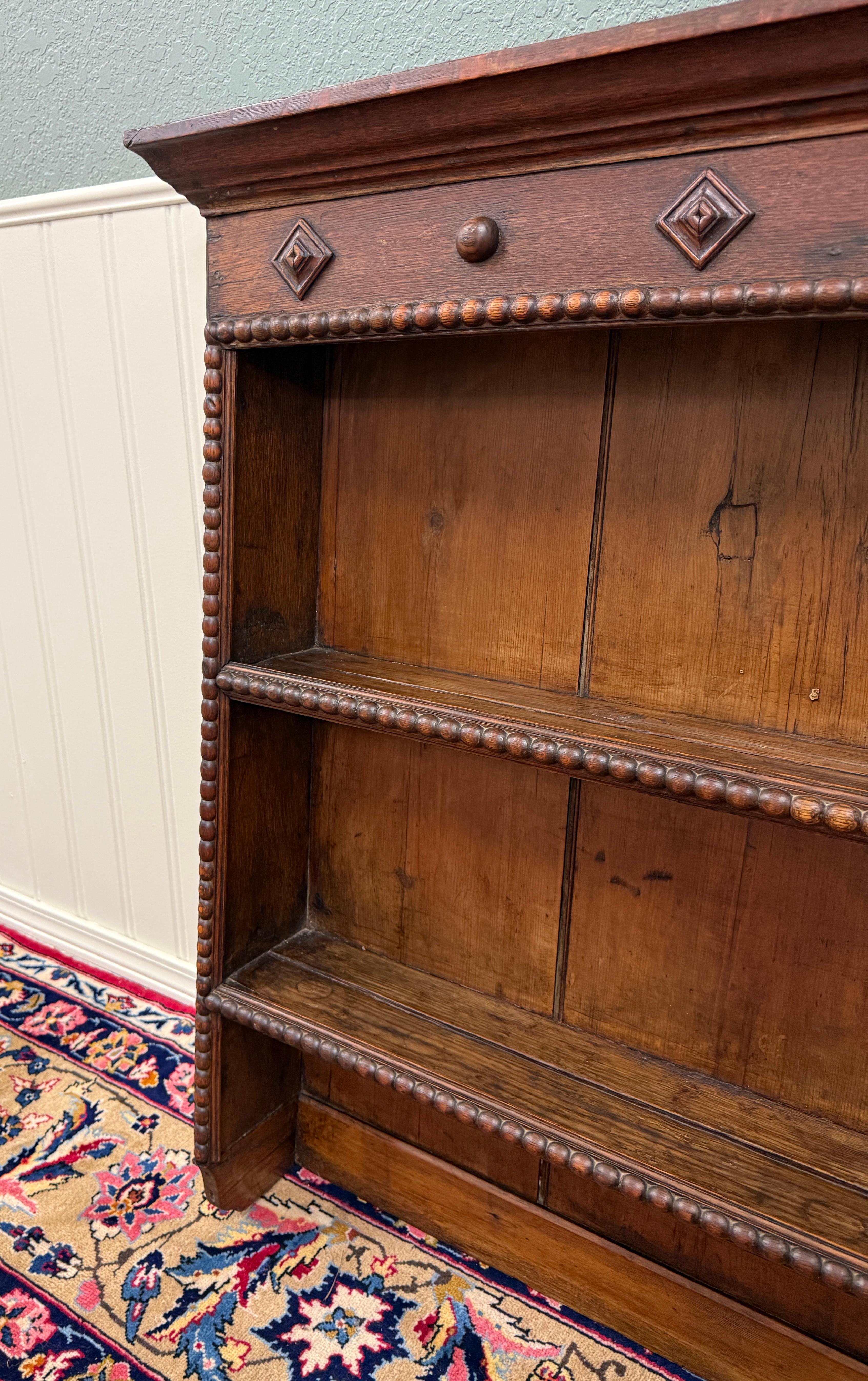 Antique English Plate Rack Wall Shelf LARGE Jacobean Carved Oak Mid 19th century 13