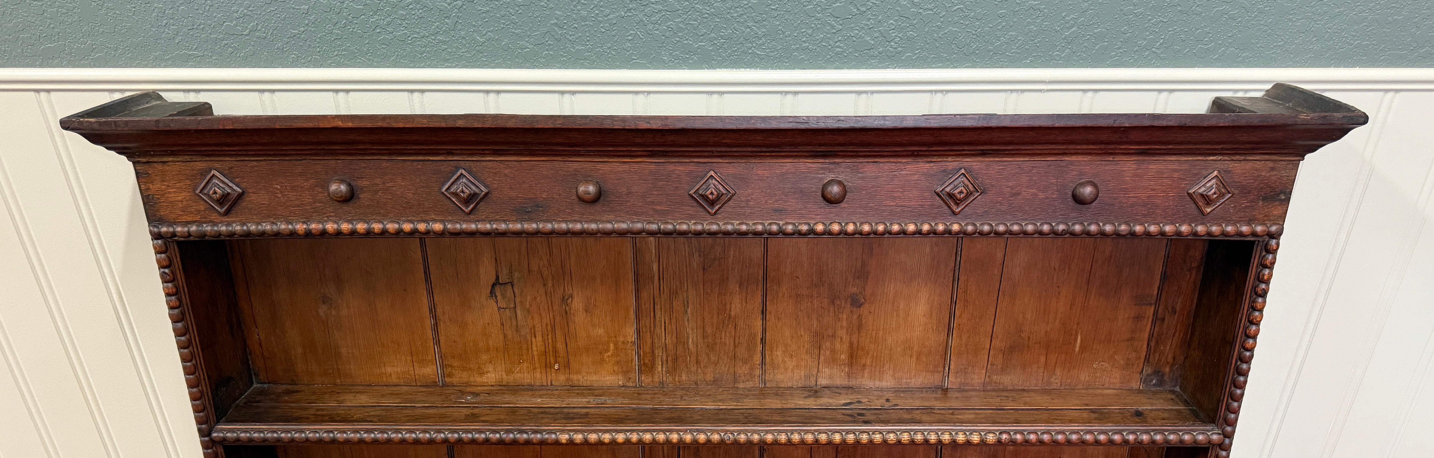Antique English Plate Rack Wall Shelf LARGE Jacobean Carved Oak Mid 19th century 14