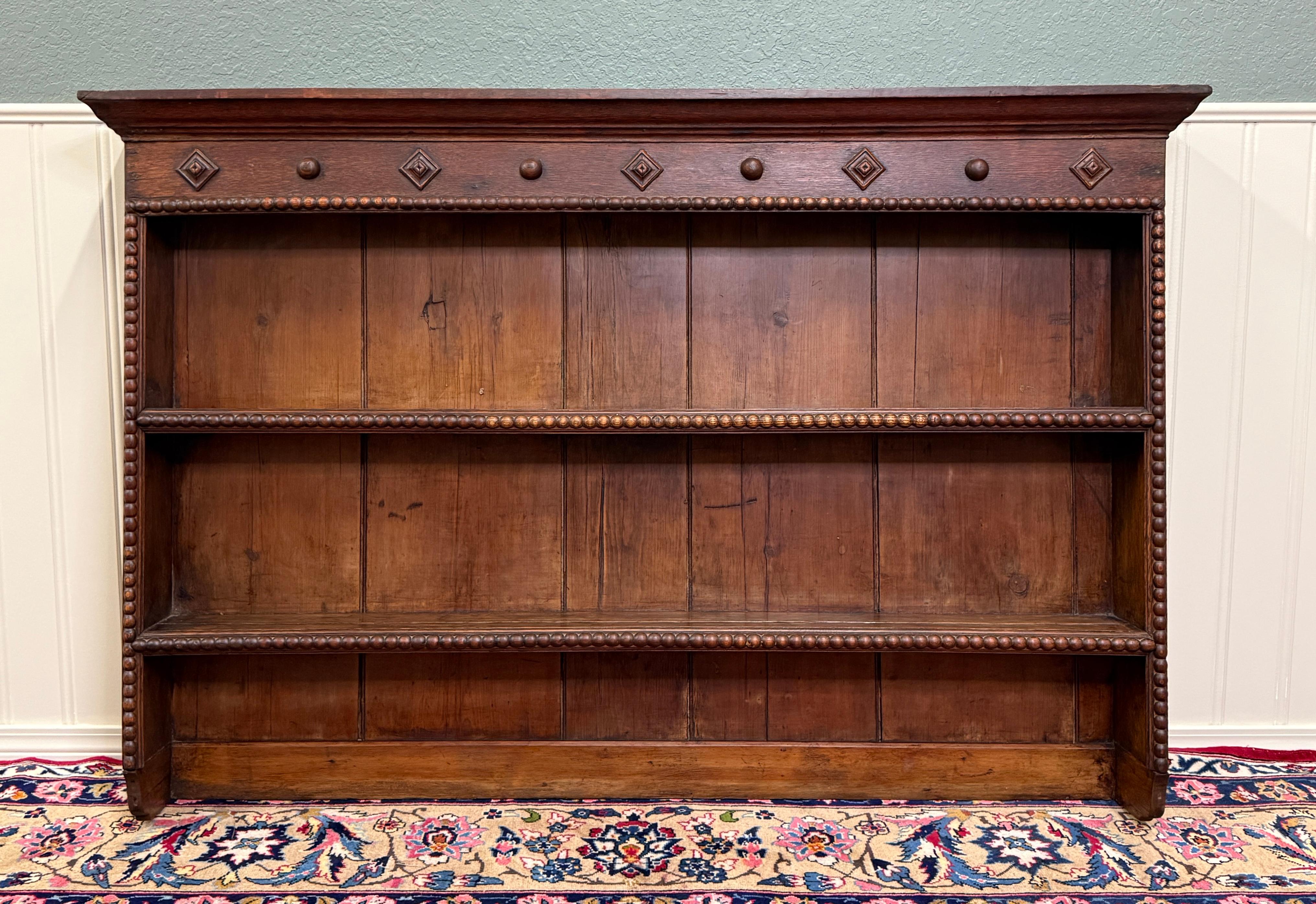 Antique English Plate Rack Wall Shelf LARGE Jacobean Carved Oak Mid 19th century 15