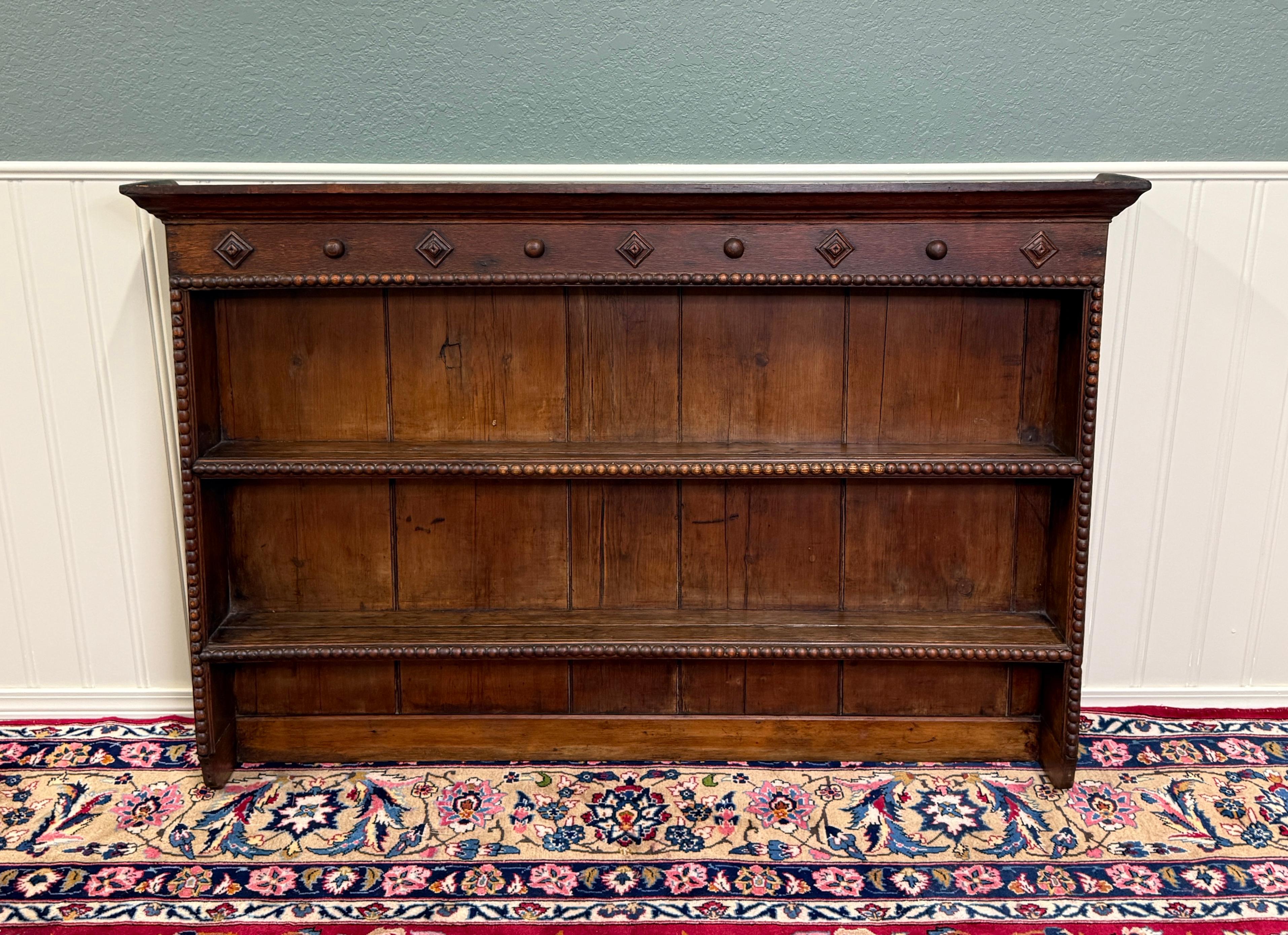 19th Century Antique English Plate Rack Wall Shelf LARGE Jacobean Carved Oak Mid 19th century