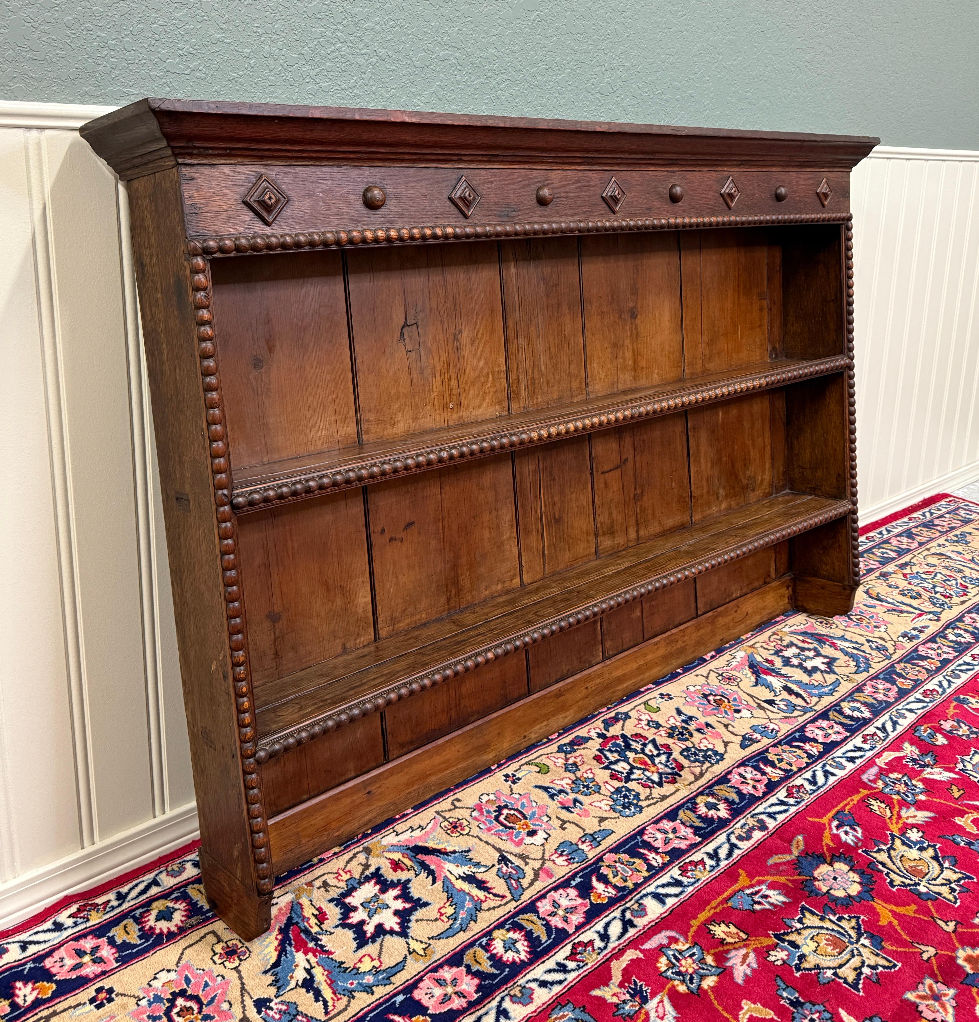 Antique English Plate Rack Wall Shelf LARGE Jacobean Carved Oak Mid 19th century 2