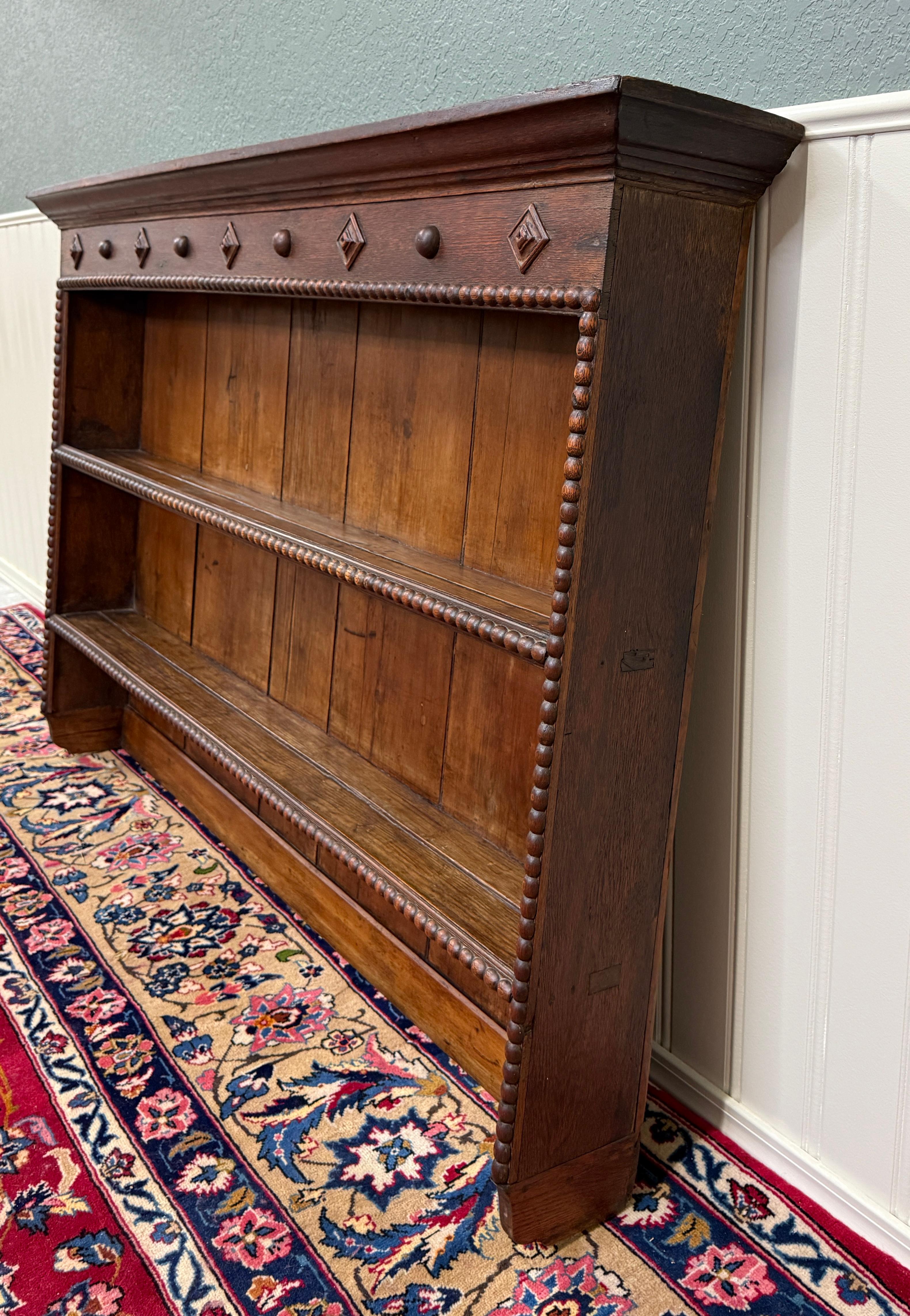 Antique English Plate Rack Wall Shelf LARGE Jacobean Carved Oak Mid 19th century 5