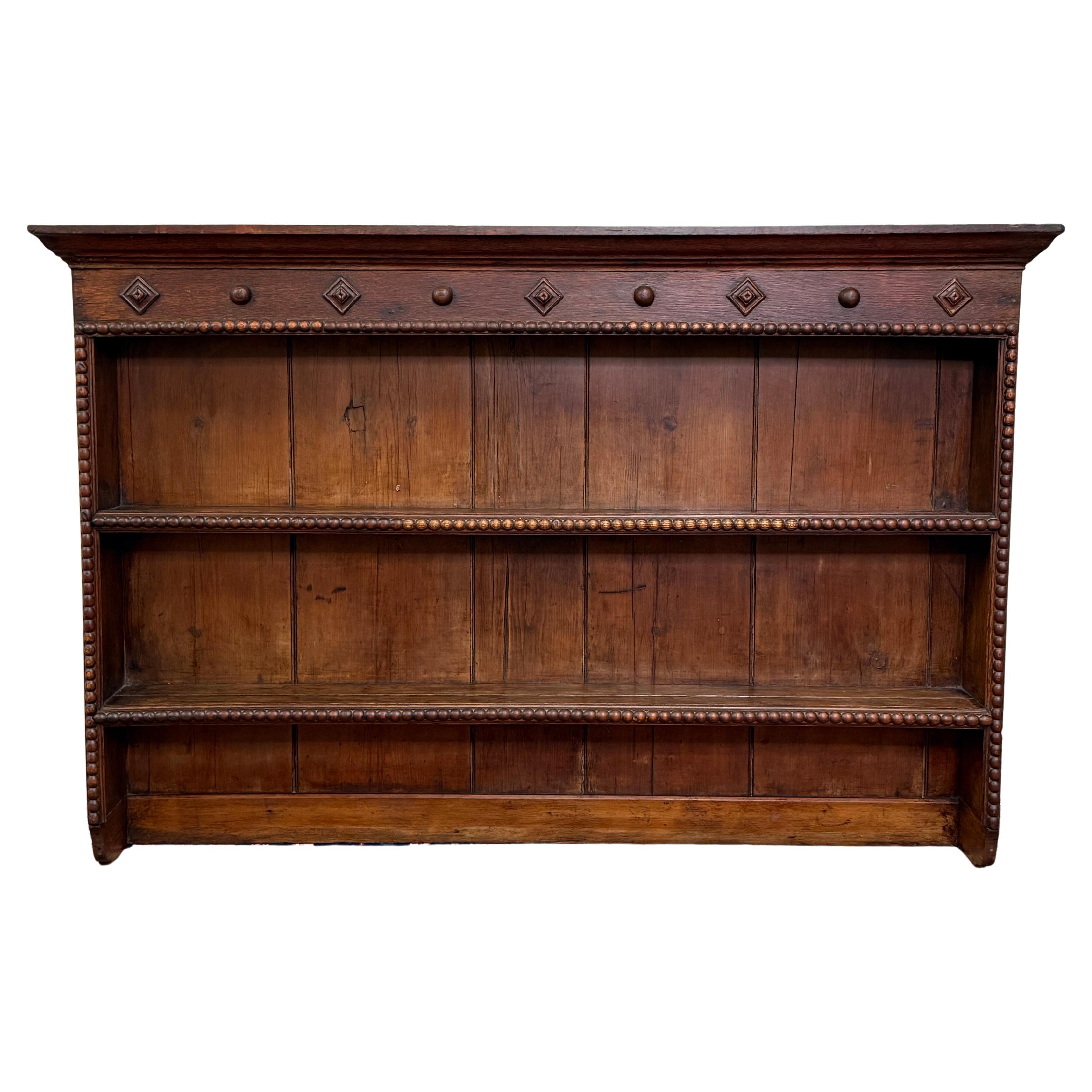 Antique English Plate Rack Wall Shelf LARGE Jacobean Carved Oak Mid 19th century