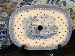 Antique English Platter Drainer Staffordshire Blue Transferware Plateau Oriental