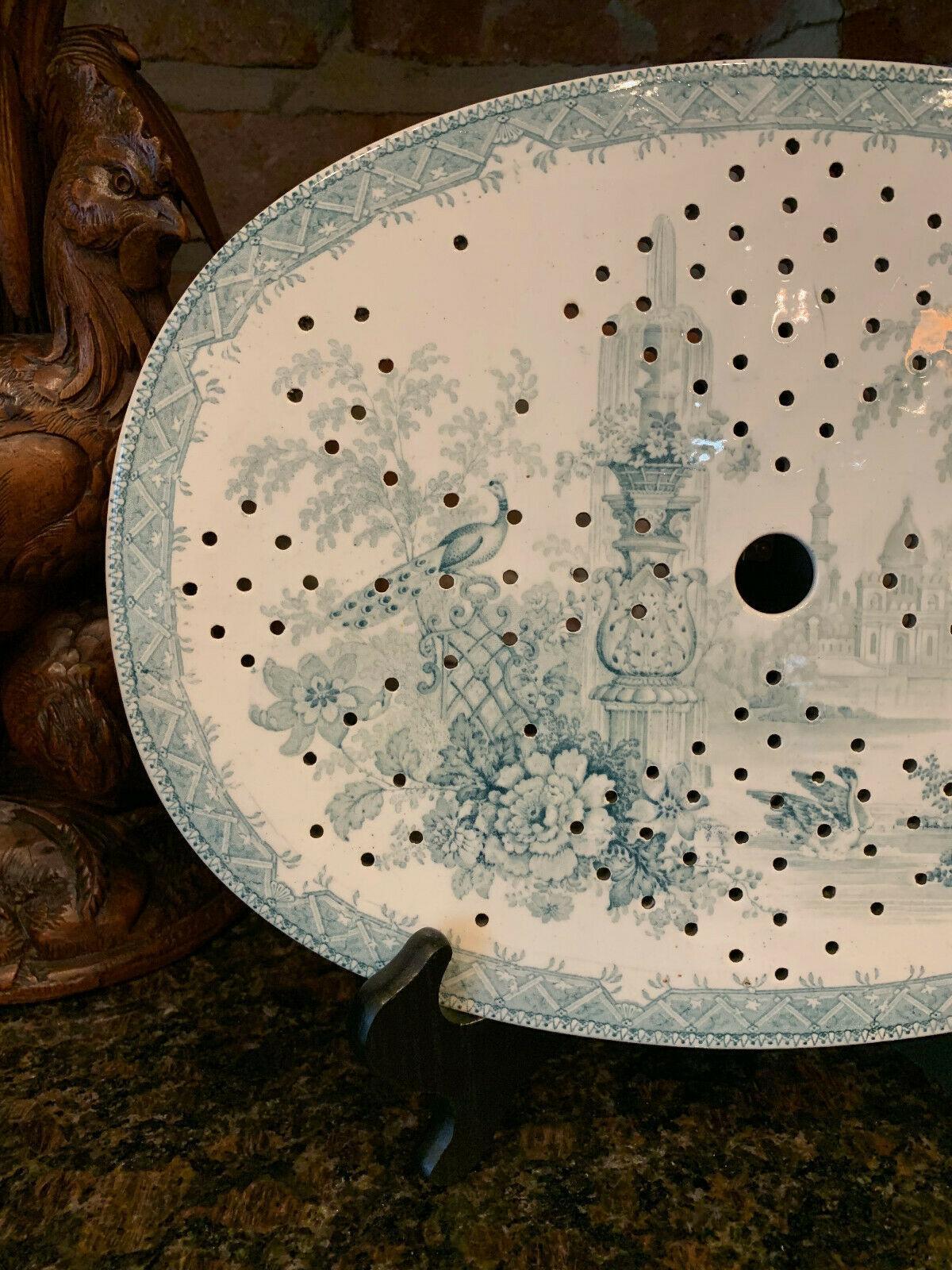 British 19th century English Oval Platter Drainer China Green Castle Plateau Bird