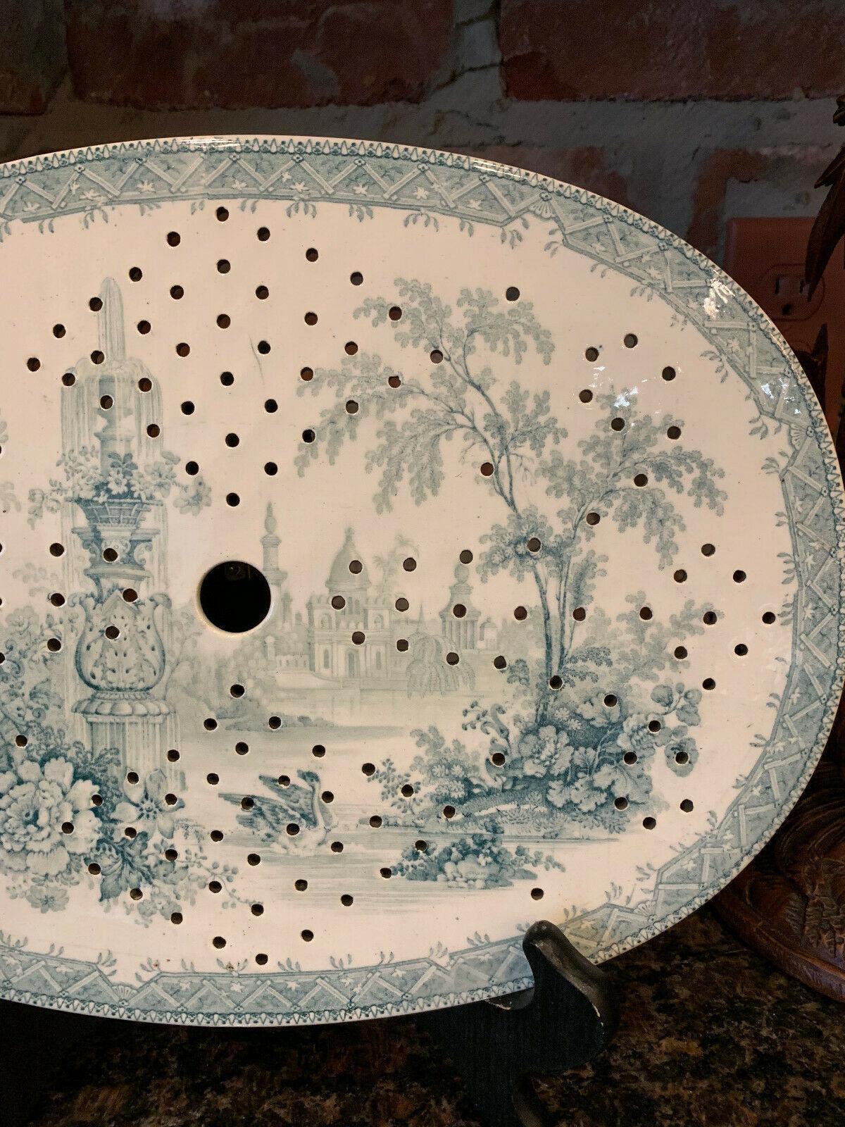 Glazed 19th century English Oval Platter Drainer China Green Castle Plateau Bird