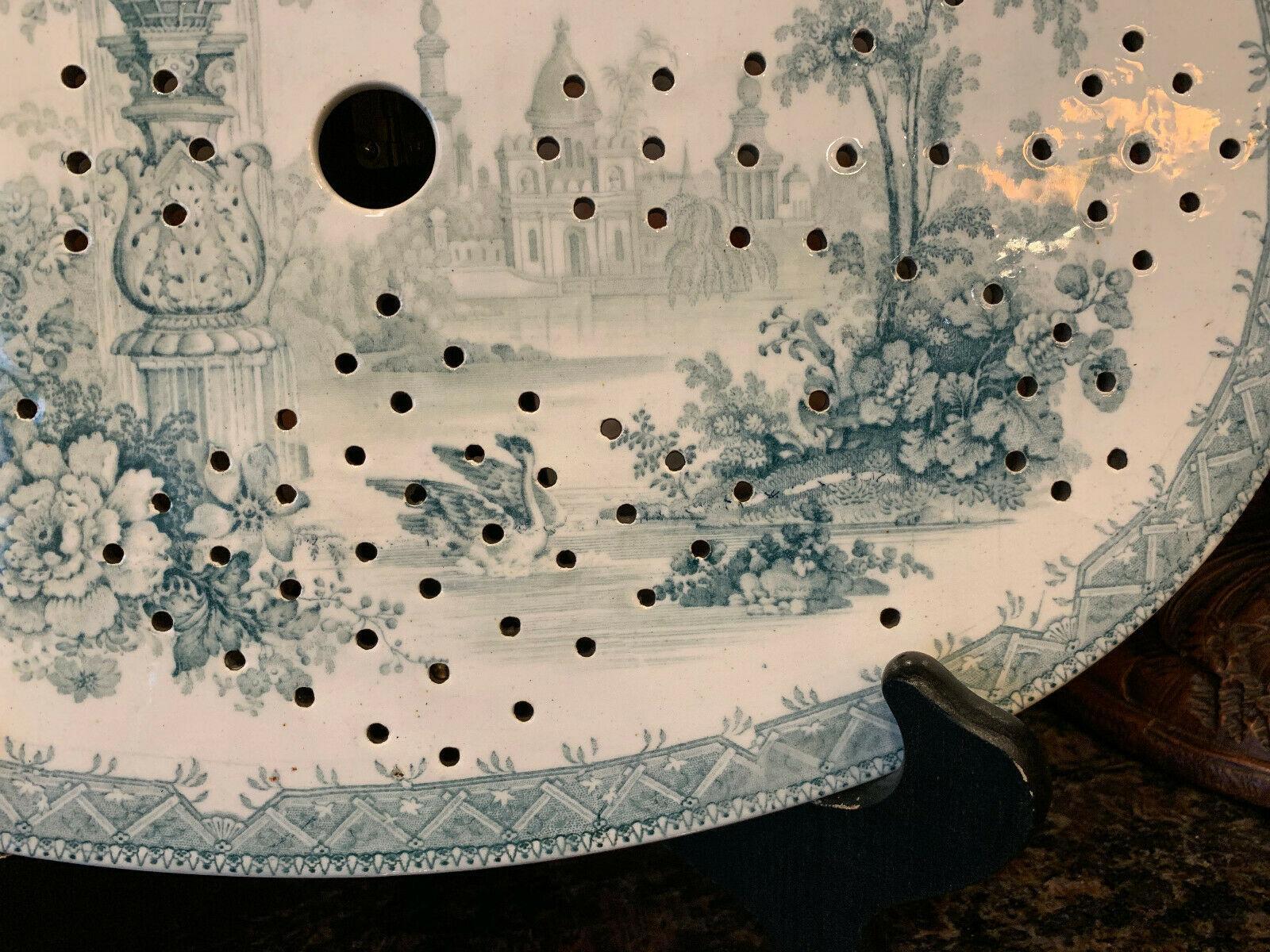Ceramic 19th century English Oval Platter Drainer China Green Castle Plateau Bird