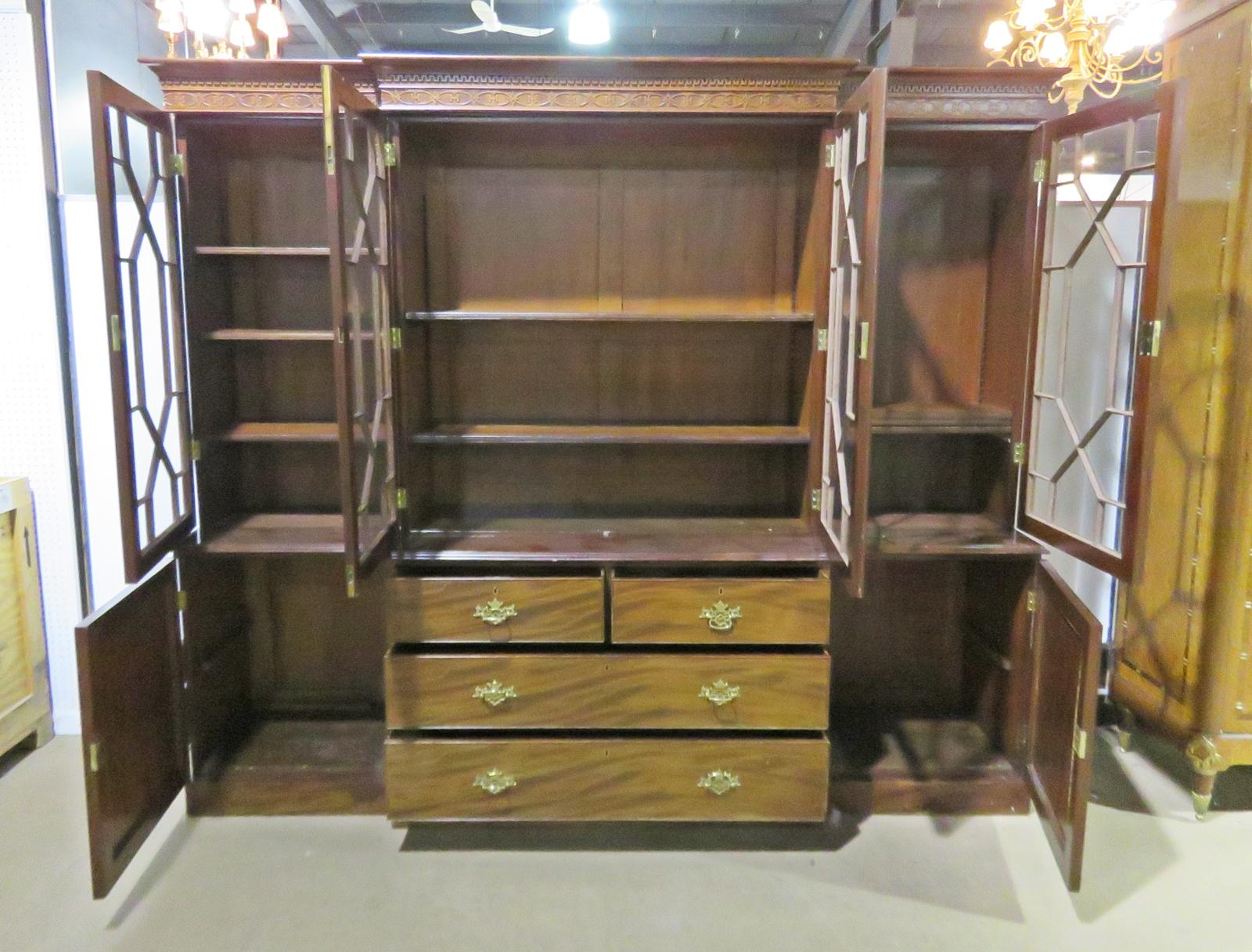 European Antique English Plum Pudding Georgian Breakfront Bookcase China Cabinet