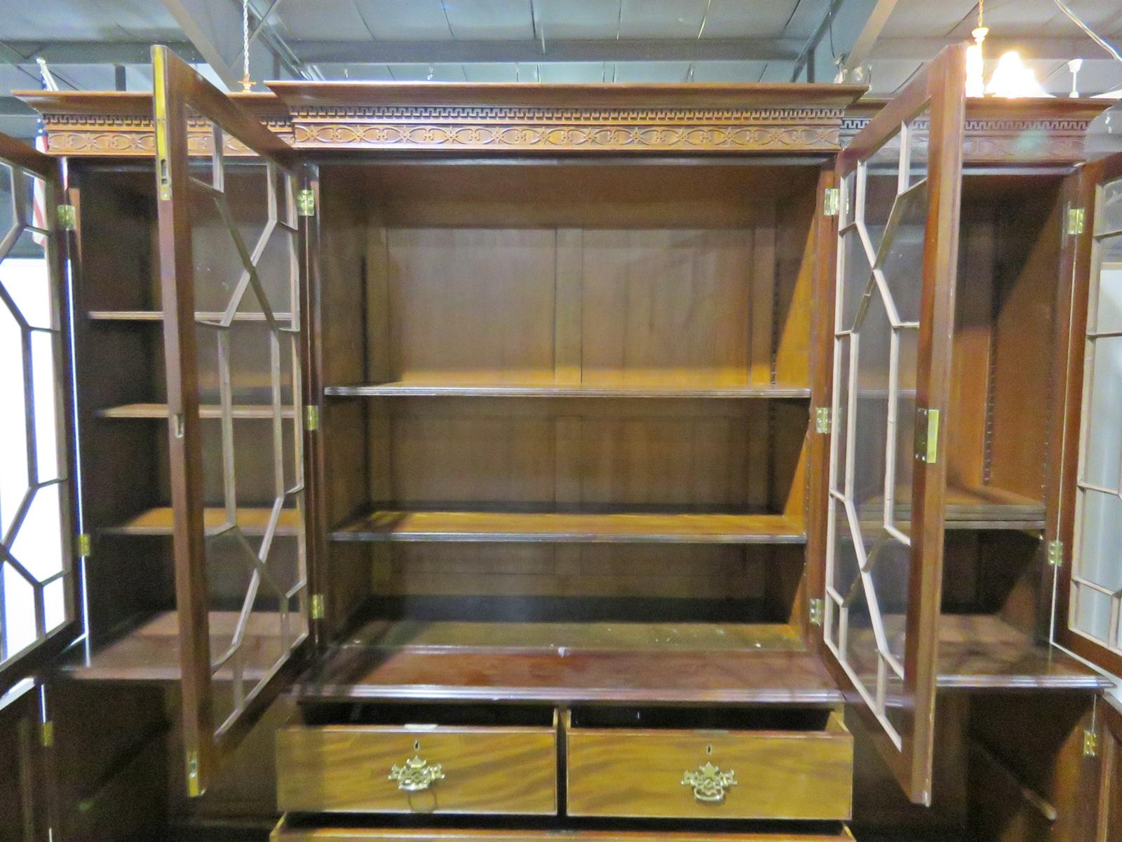 Early 20th Century Antique English Plum Pudding Georgian Breakfront Bookcase China Cabinet