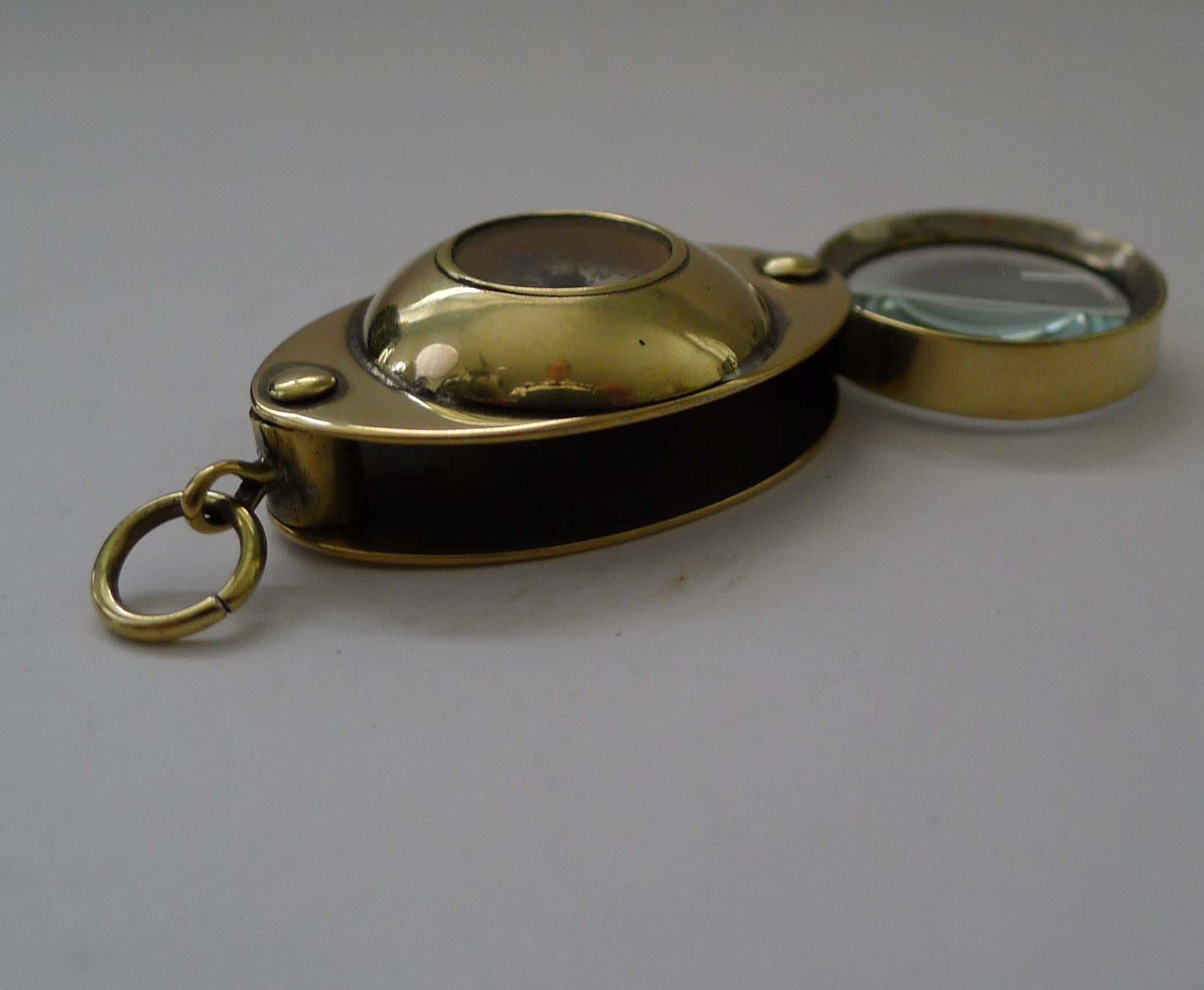 British Antique English Pocket Magnifying Glass / Loop with Compass, c.1910