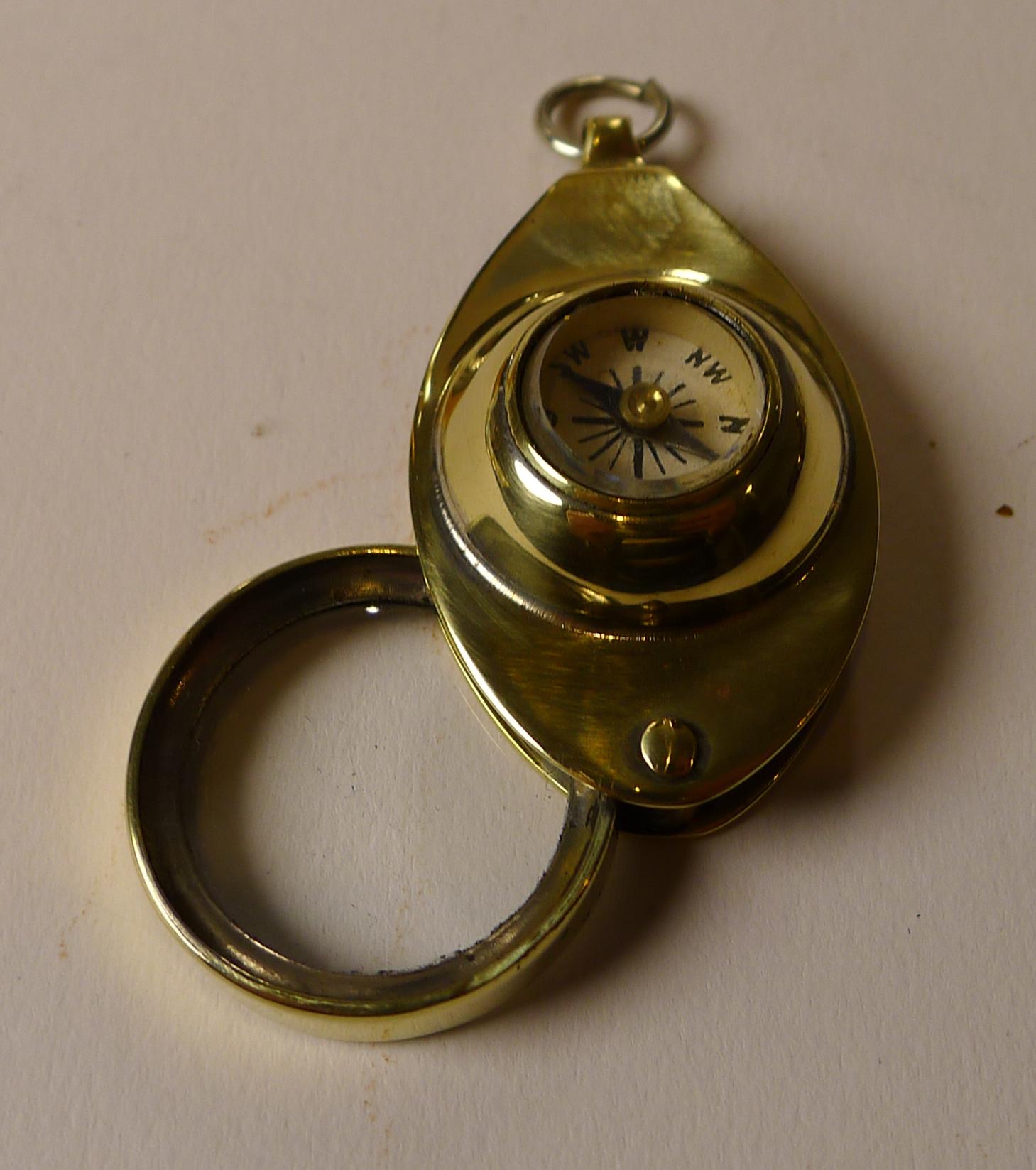 Brass Antique English Pocket Magnifying Glass / Loop With Compass c.1910