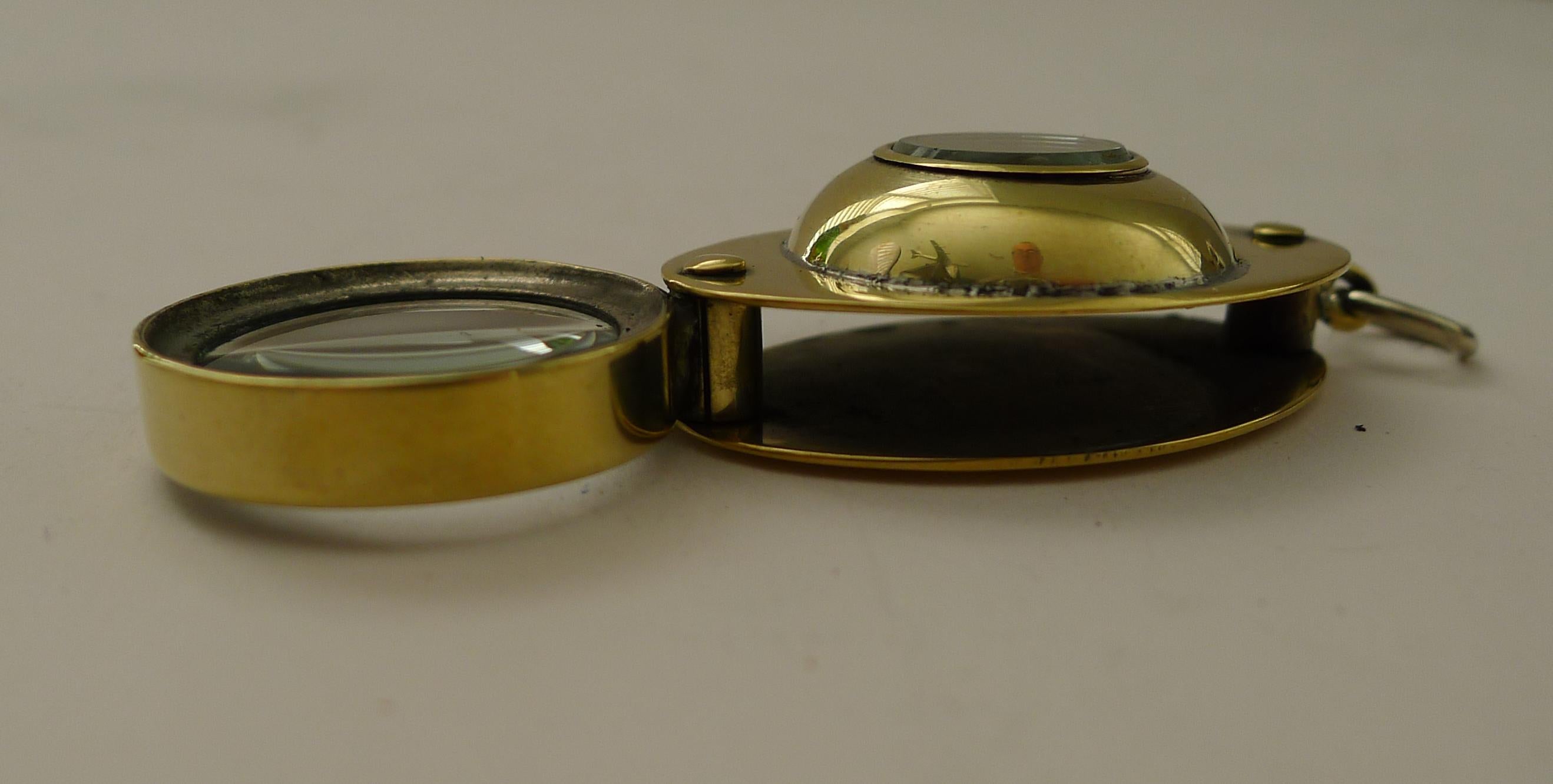 British Antique English Pocket Magnifying Glass / Loop With Compass c.1920 For Sale