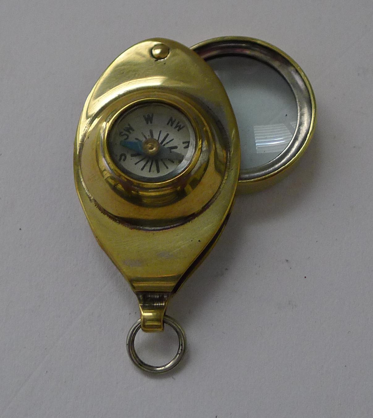 Brass Antique English Pocket Magnifying Glass / Loop With Compass c.1920