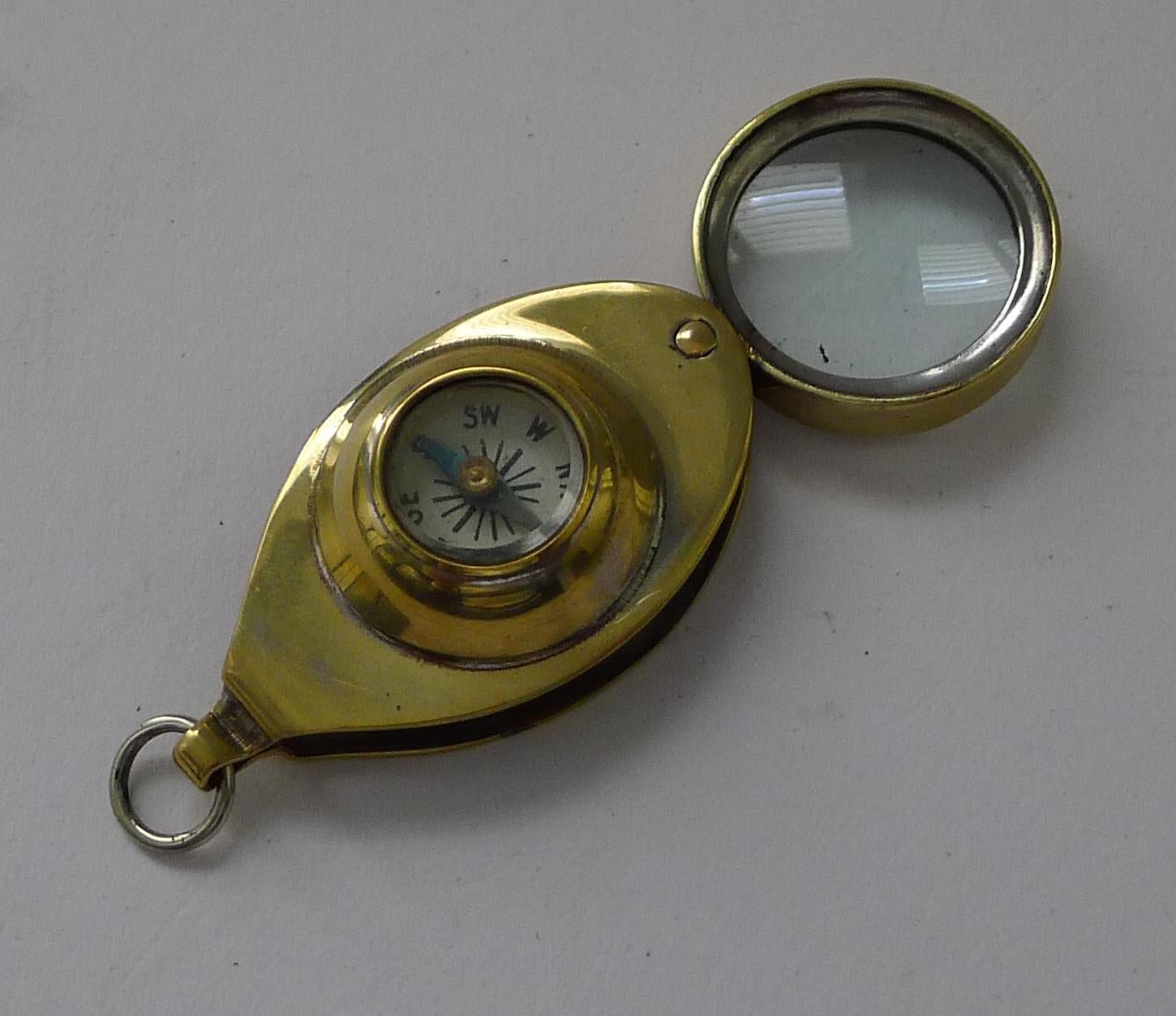 Antique English Pocket Magnifying Glass / Loop With Compass c.1920 1