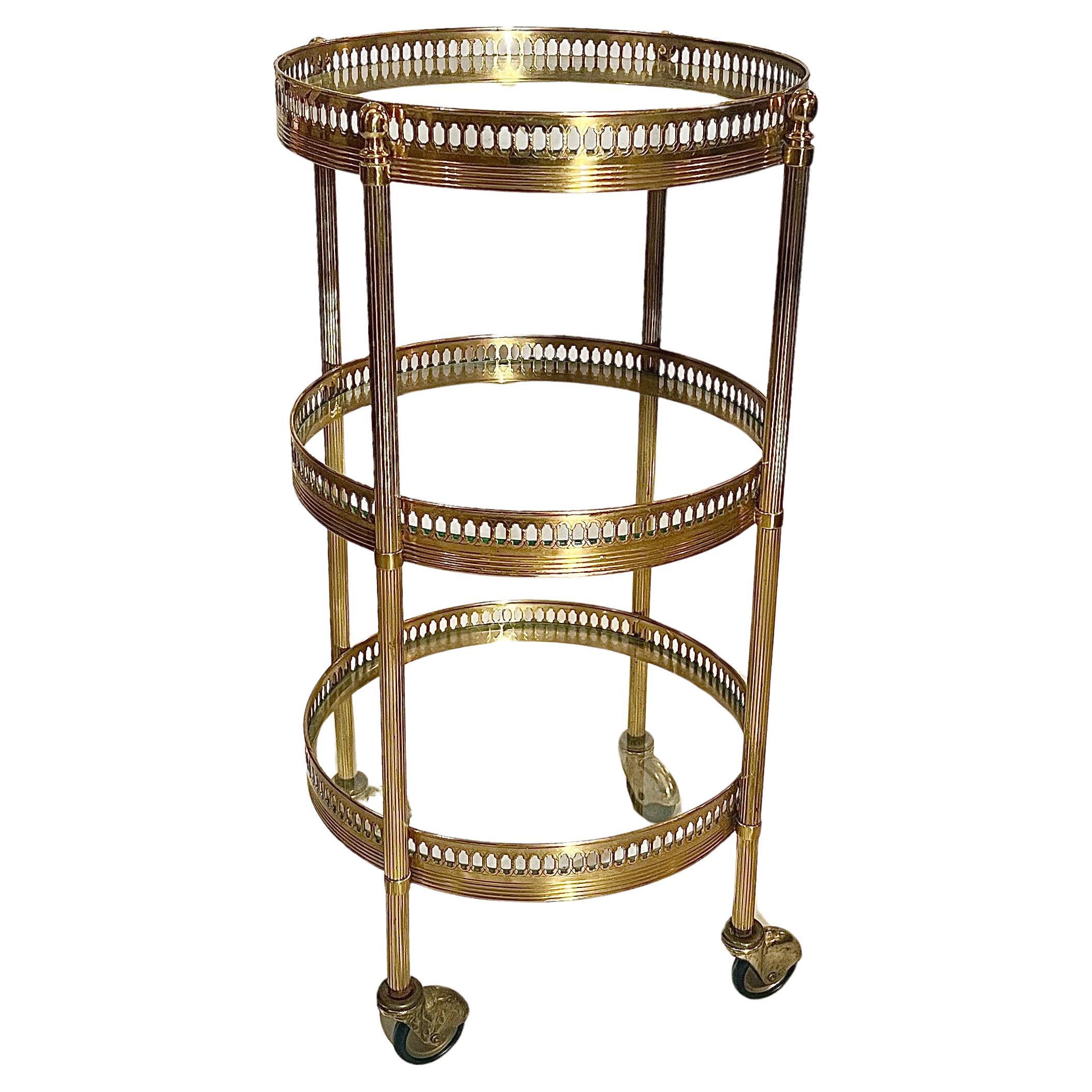 Antique English Polished Brass and Glass 3 Tier Bar Cart, Circa 1920.