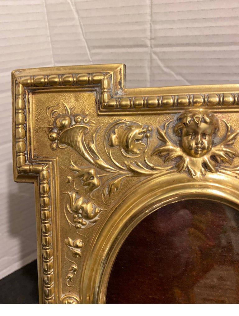 Antique English Polished Brass Clad and Wood Easel Back Picture Frame