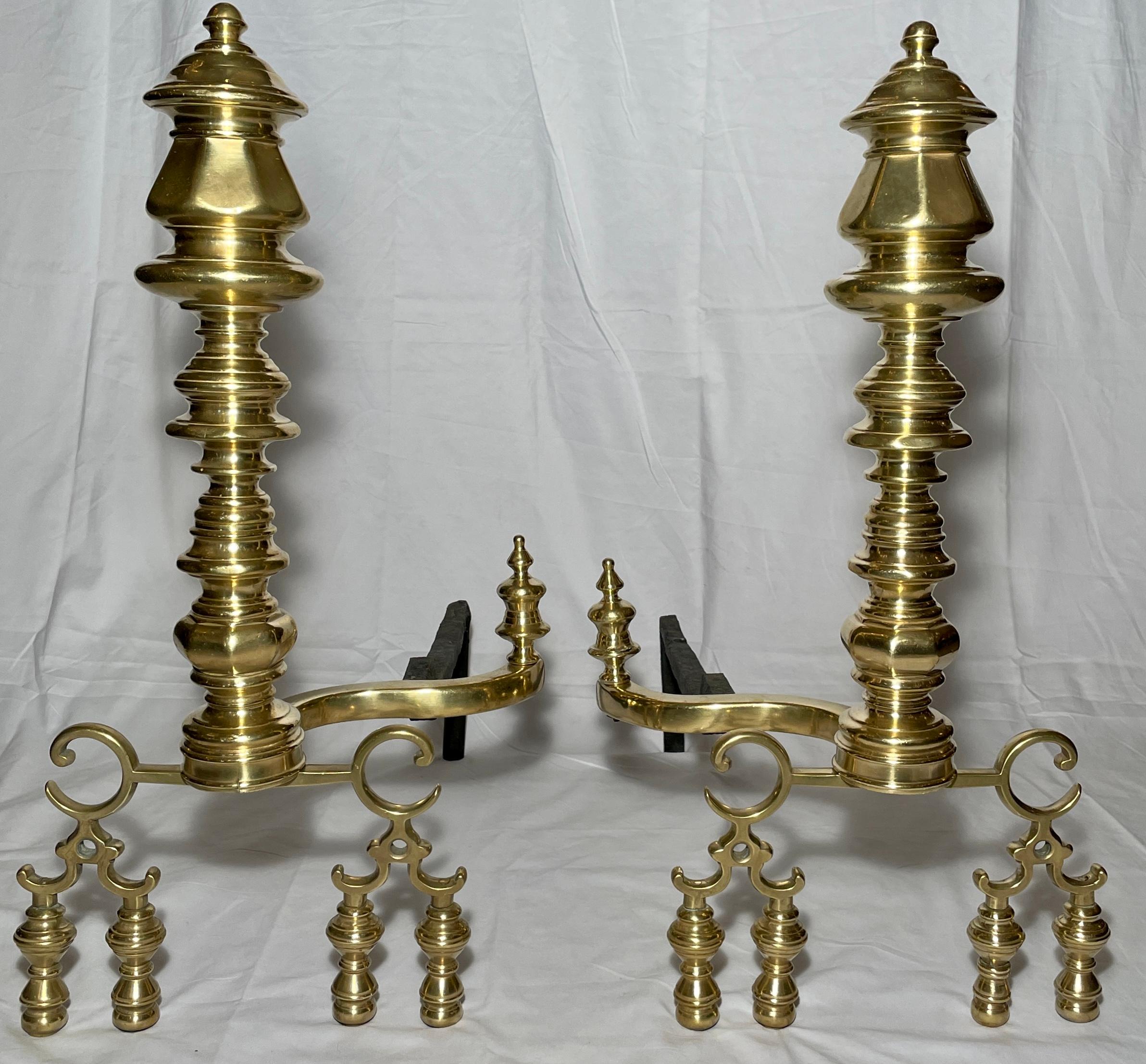 Antique English Grand-Scale Polished brass fireplace Andirons, circa 1860.