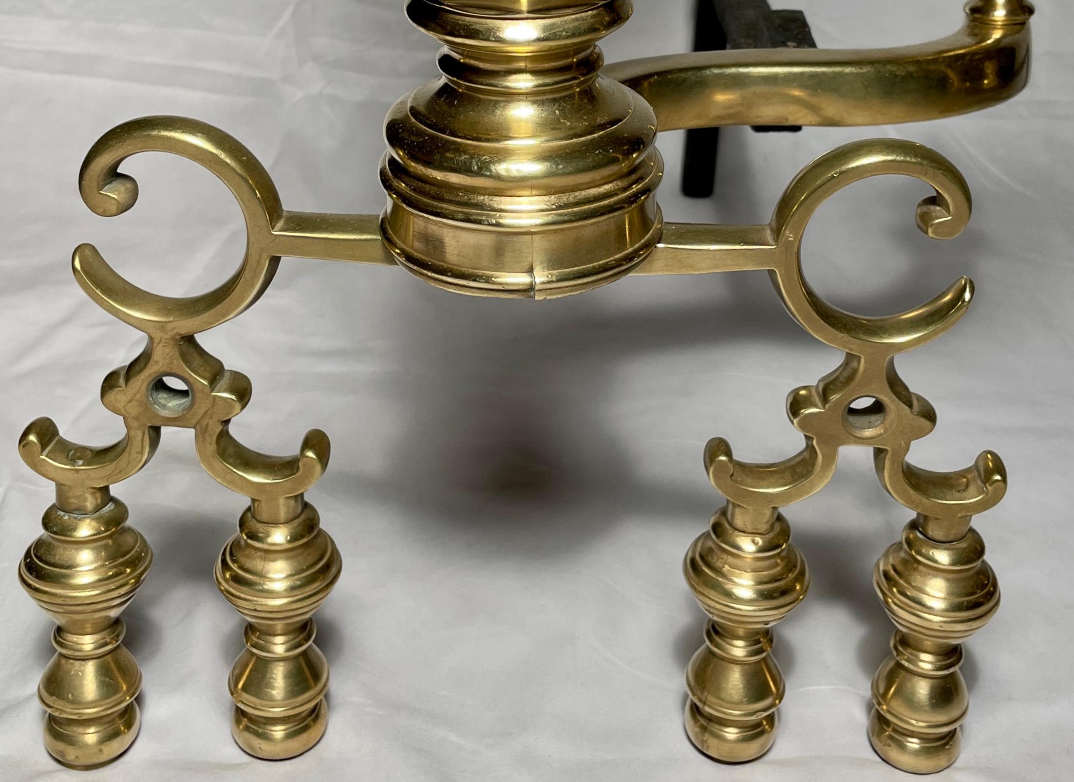 Antique English Polished Brass Fireplace Andirons, circa 1860 For Sale 1