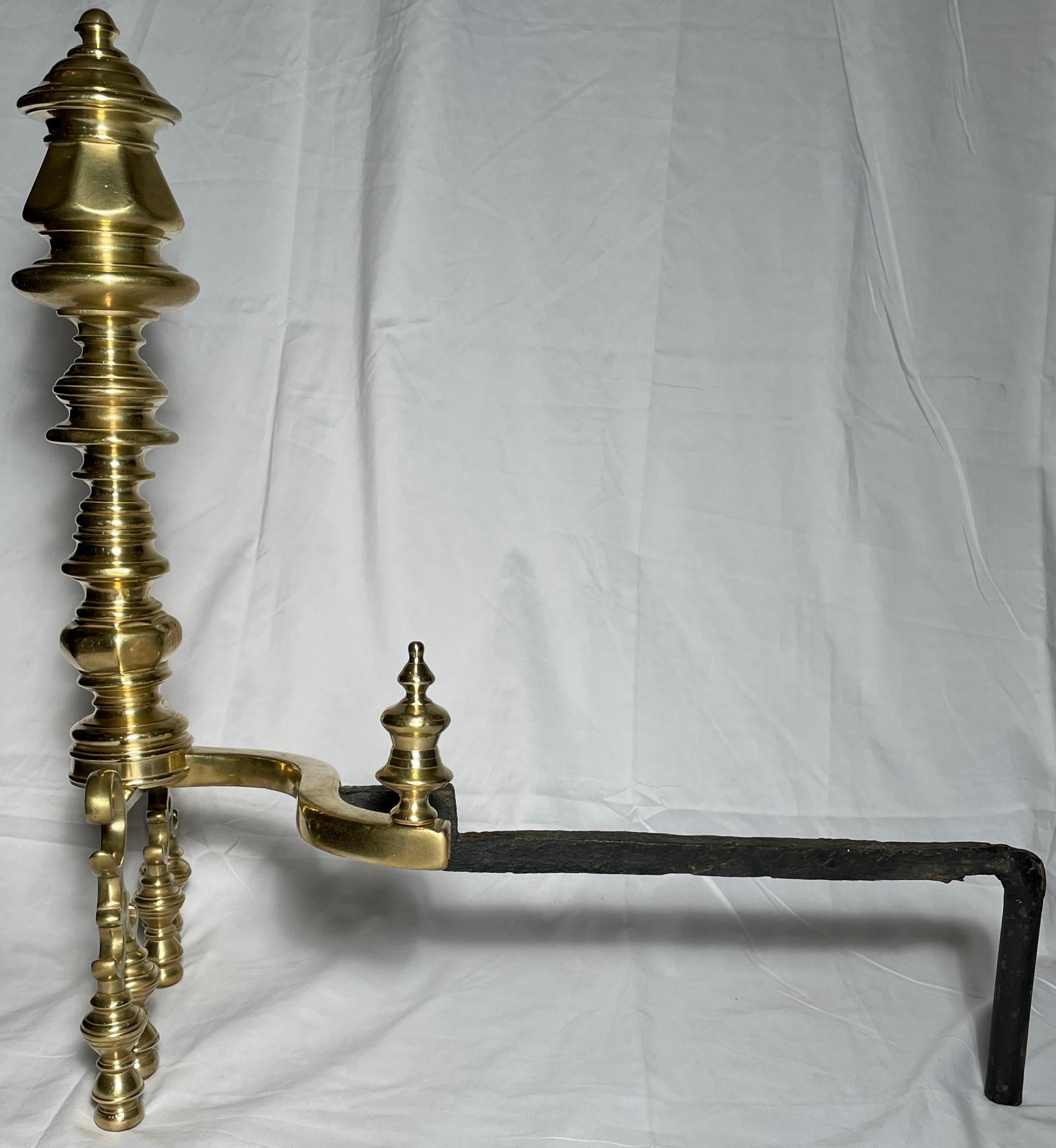 Antique English Polished Brass Fireplace Andirons, circa 1860 For Sale 2