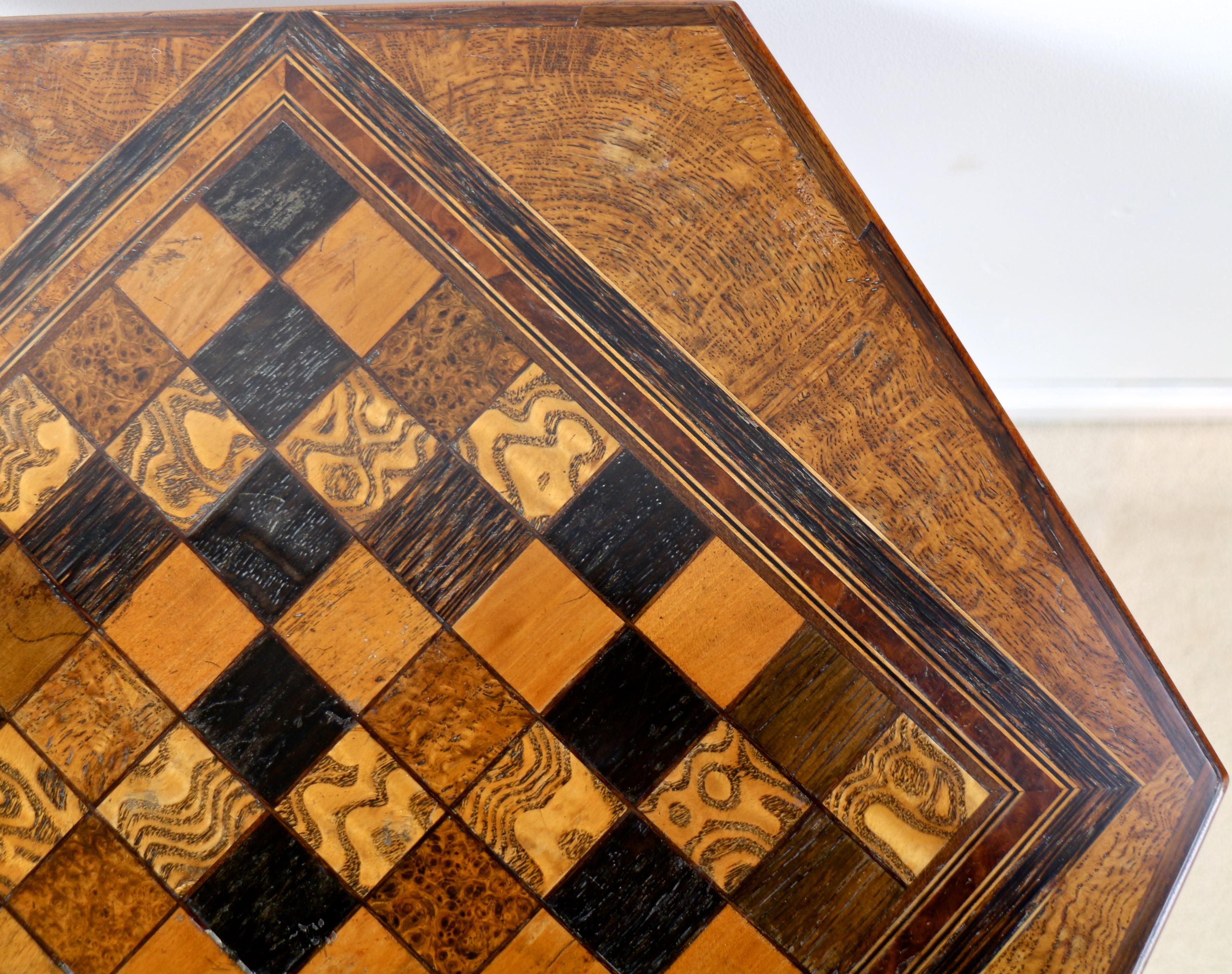 Antique English Pollard Oak Inlaid Specimen Chess Top Occasional Games Table 4