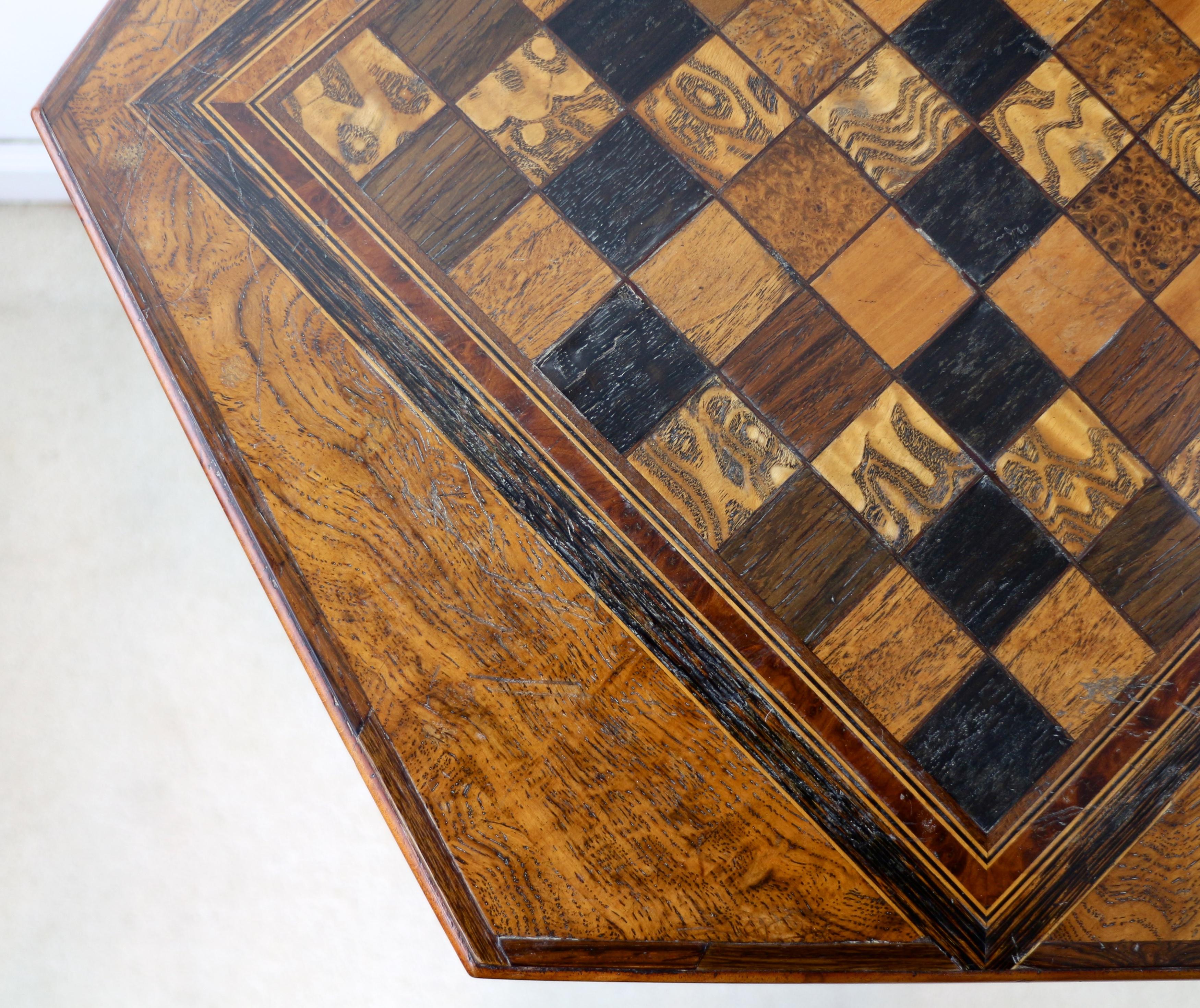 Antique English Pollard Oak Inlaid Specimen Chess Top Occasional Games Table 5