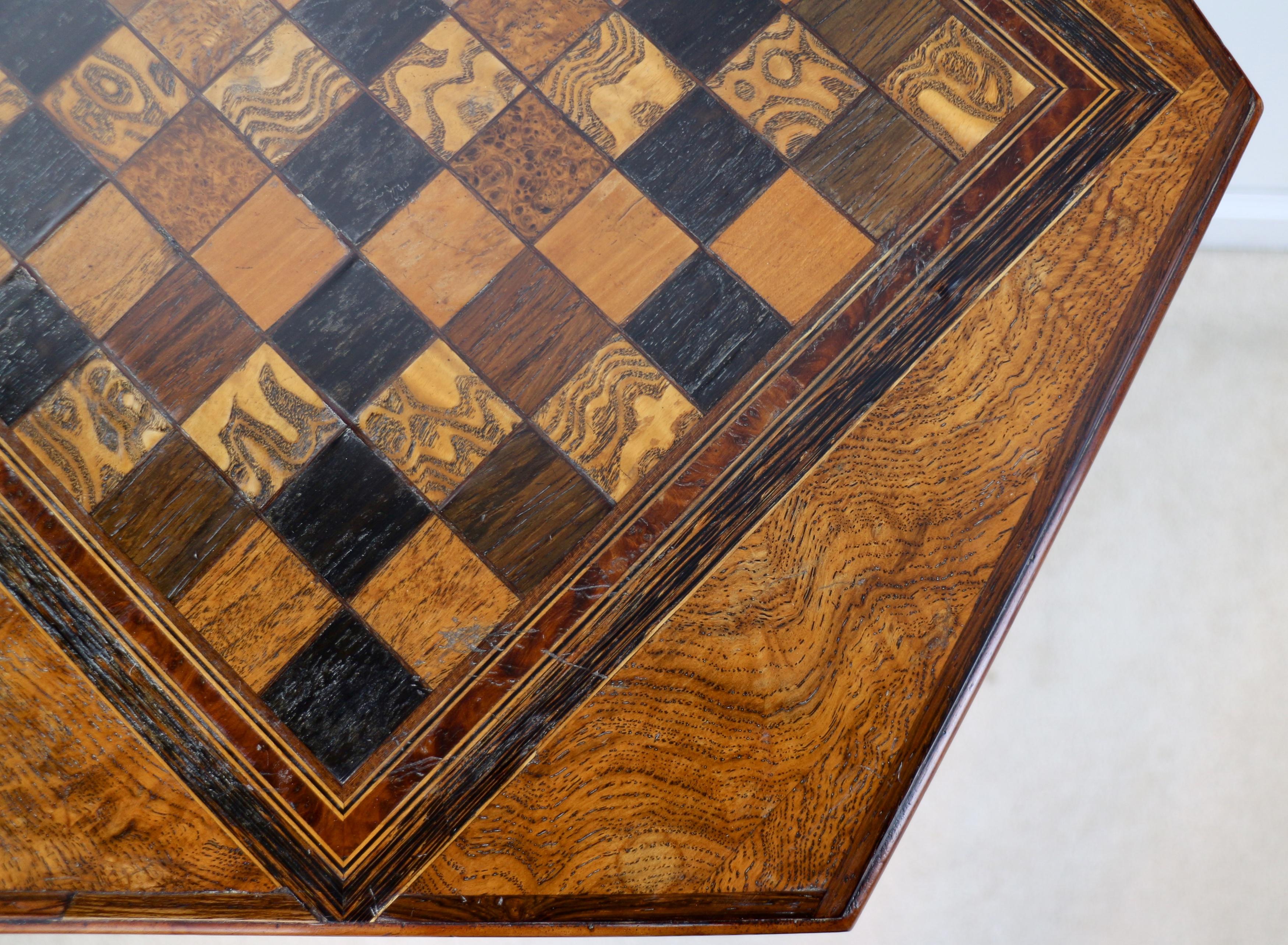 Antique English Pollard Oak Inlaid Specimen Chess Top Occasional Games Table 6