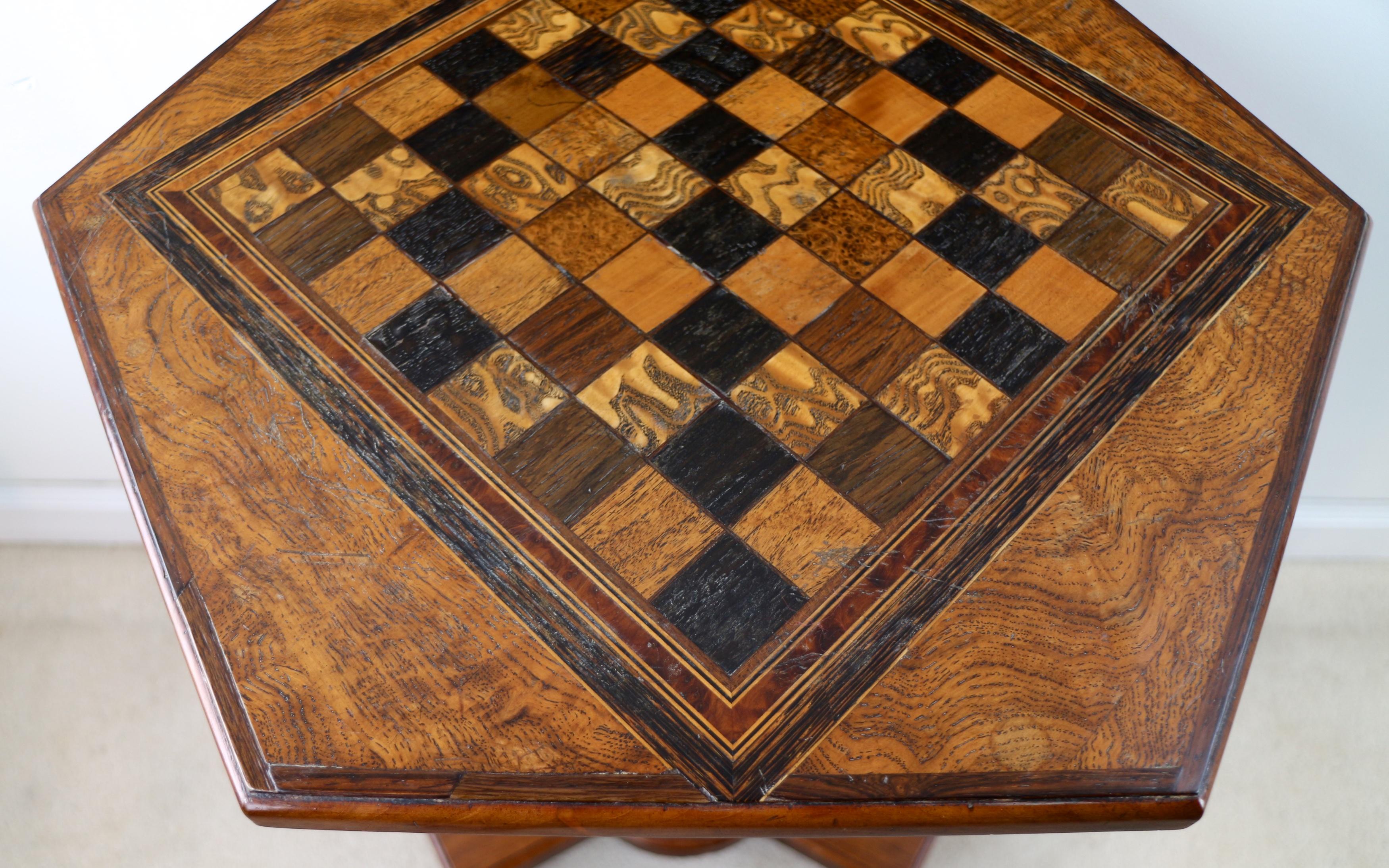 Antique English Pollard Oak Inlaid Specimen Chess Top Occasional Games Table 10