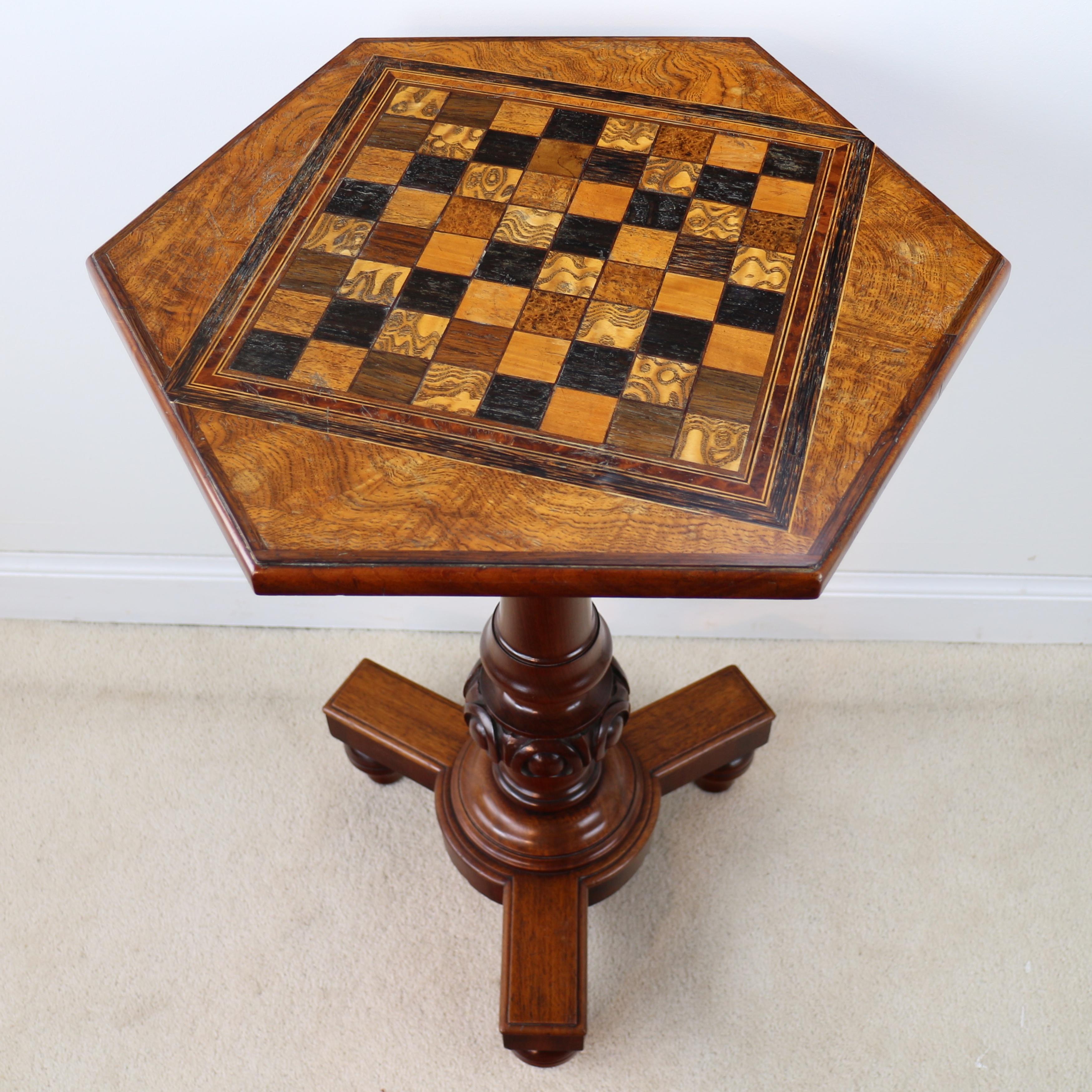 Victorian Antique English Pollard Oak Inlaid Specimen Chess Top Occasional Games Table
