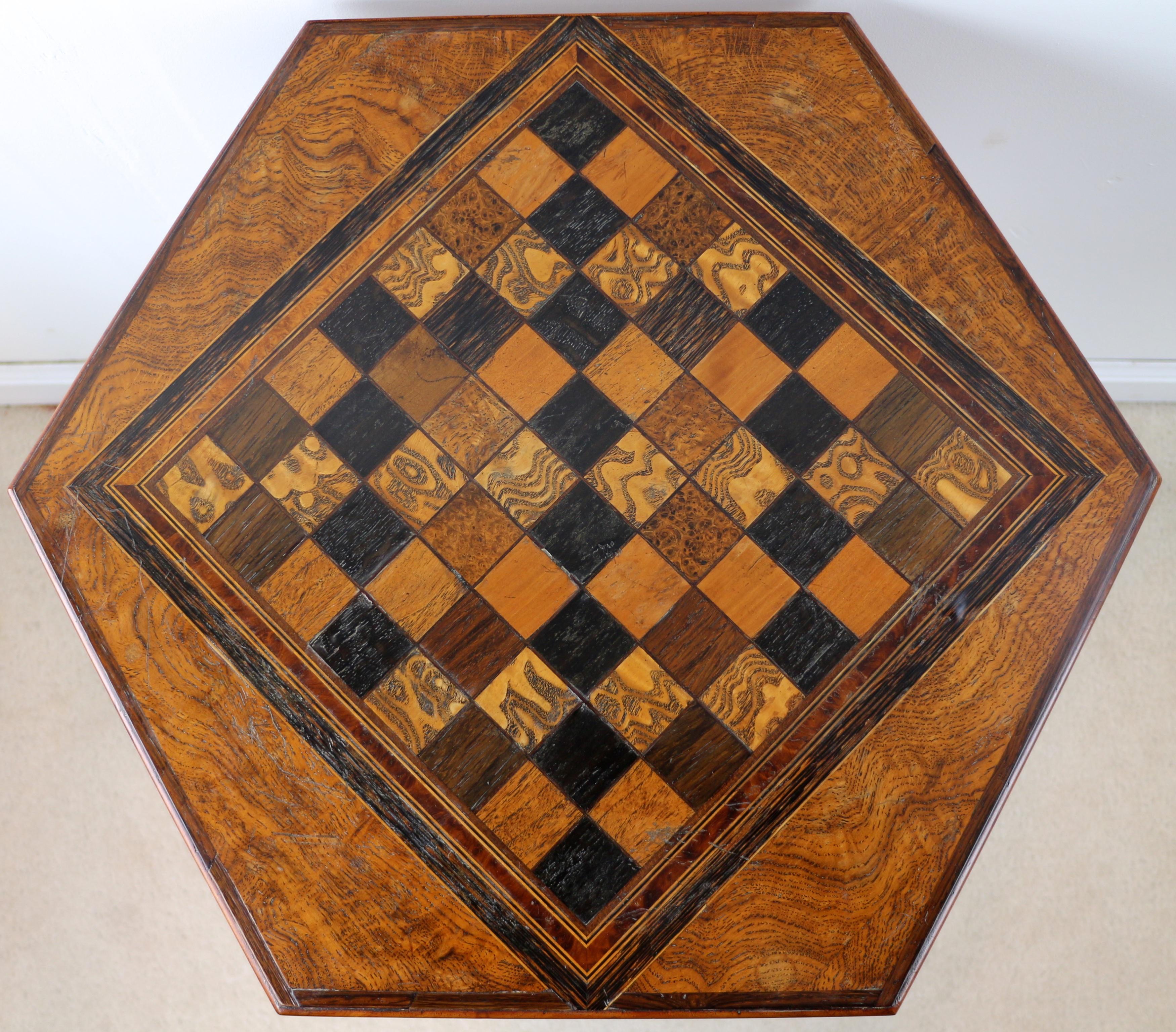 19th Century Antique English Pollard Oak Inlaid Specimen Chess Top Occasional Games Table