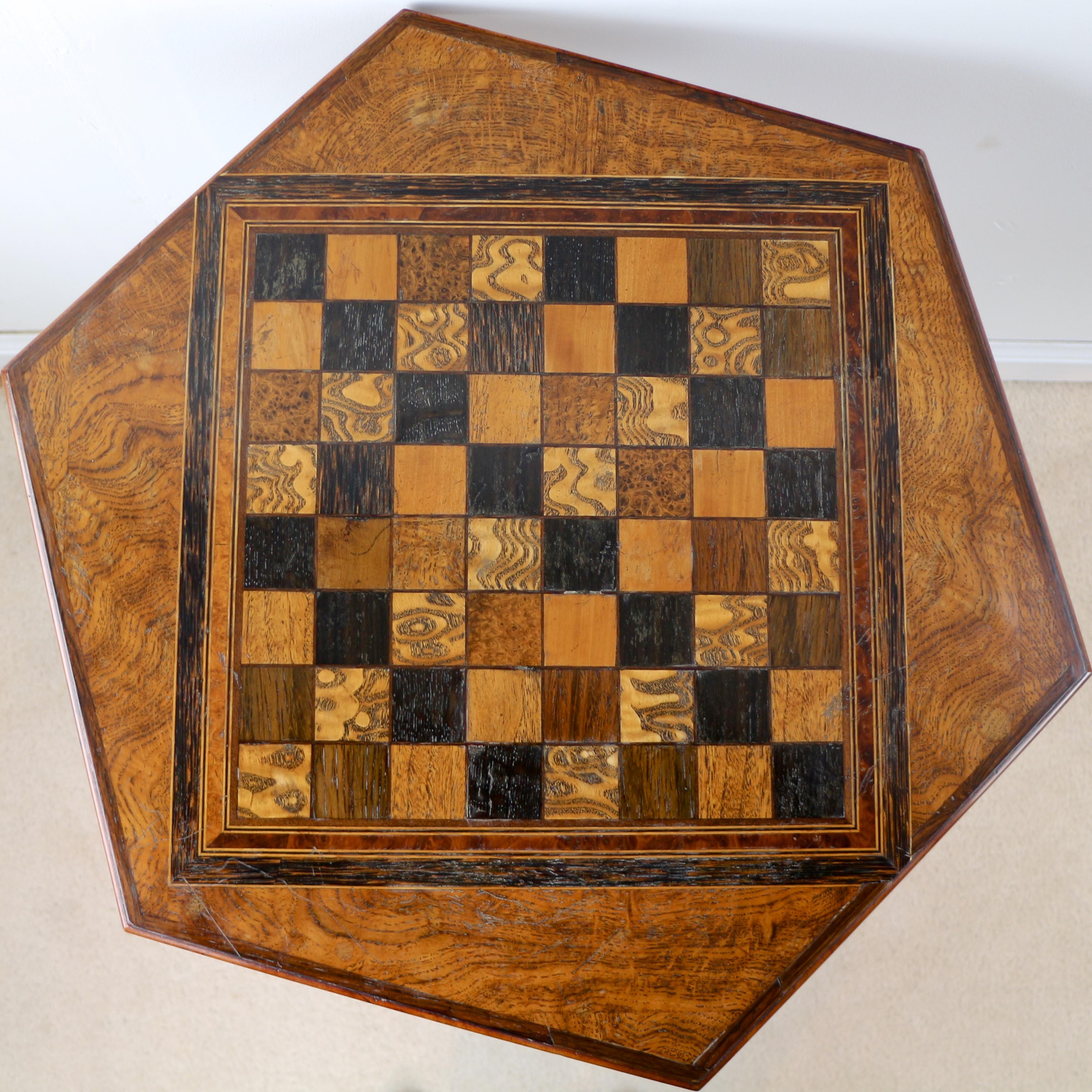 Other Antique English Pollard Oak Inlaid Specimen Chess Top Occasional Games Table