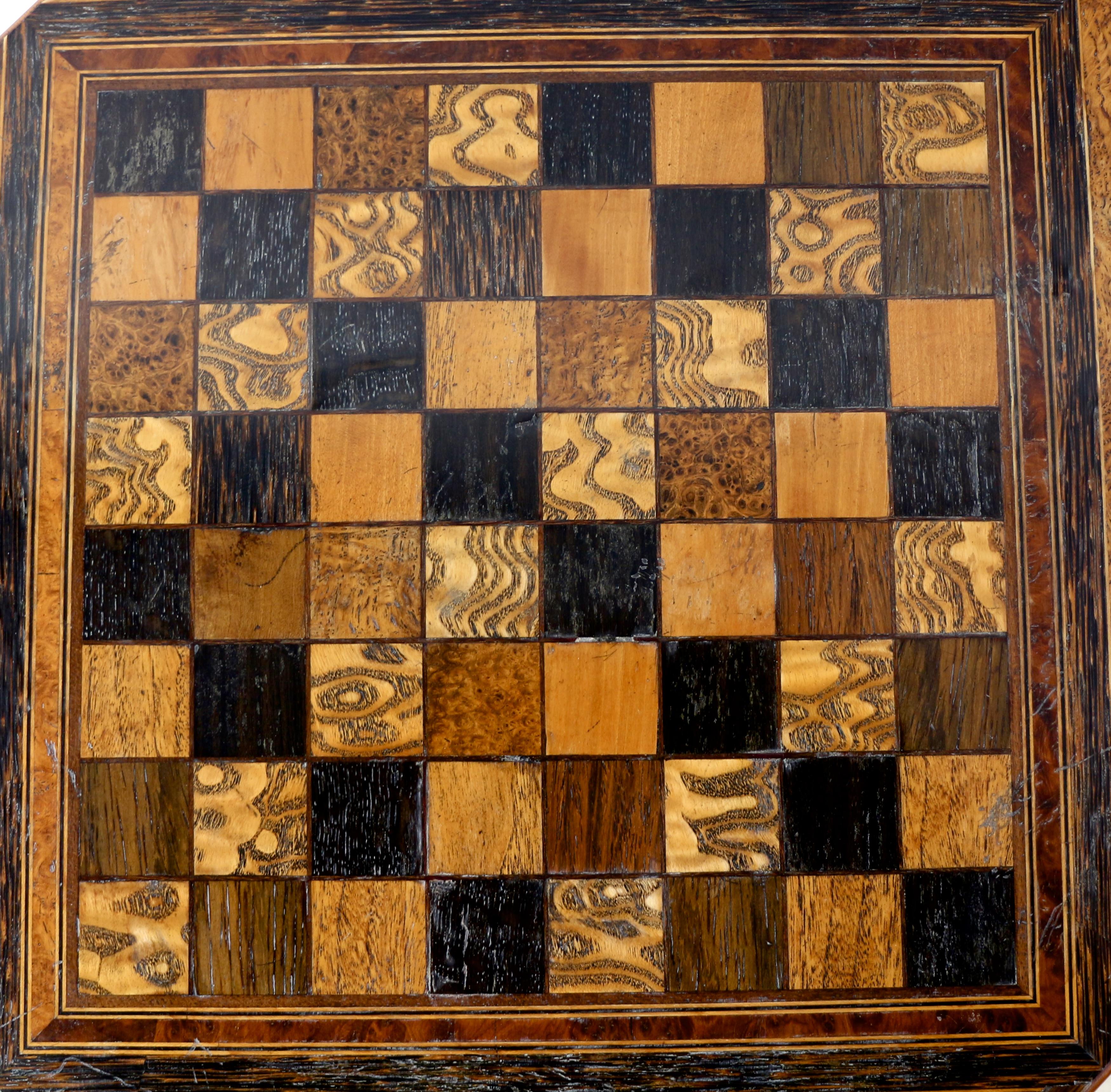 Antique English Pollard Oak Inlaid Specimen Chess Top Occasional Games Table 1