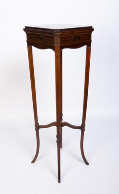 Antique English Polychrome Inlaid Mahogany Jardiniere Stand C.1900