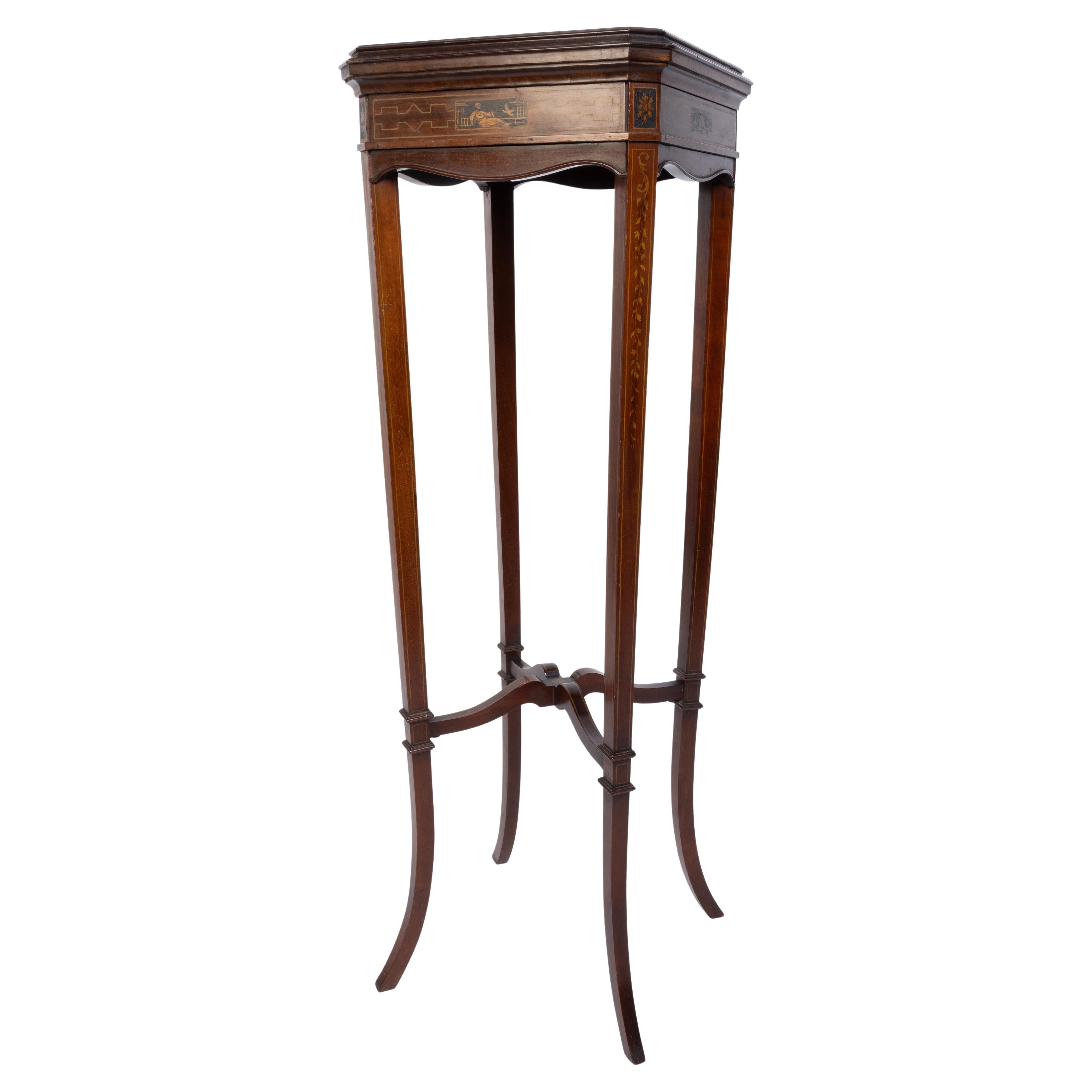 Antique English Polychrome Inlaid Mahogany Jardiniere Stand C.1900