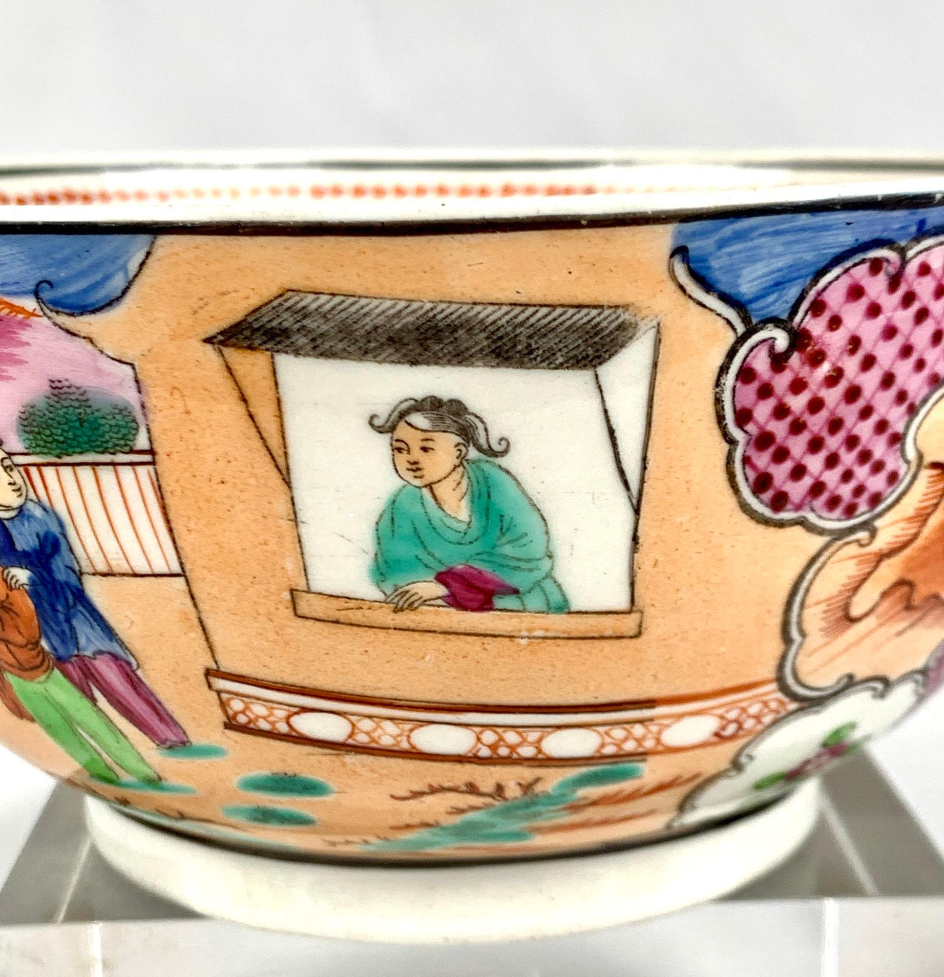 Hand-Painted Antique English Porcelain Bowl Boy in the Window Pattern by New Hall Circa 1800 For Sale