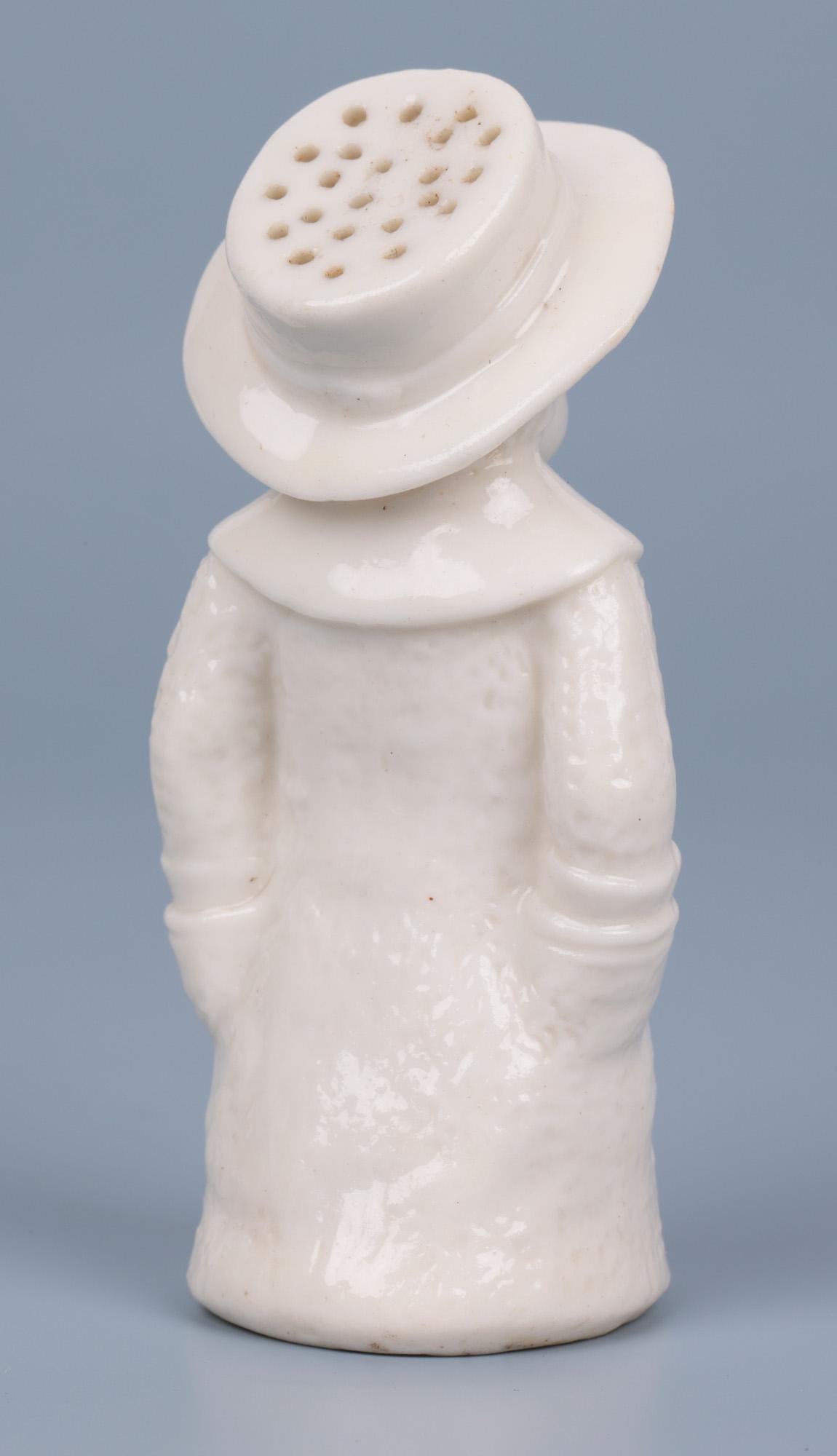19th Century Antique English Porcelain Boy in Hat Pepper or Pounce Pot For Sale
