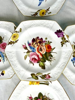 Antique English Porcelain Dessert Plates Set of 8 Hand Painted Hexagonal Floral