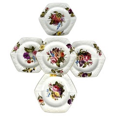 Antique English Porcelain Dessert Plates Set of 8 Hand Painted Hexagonal Floral