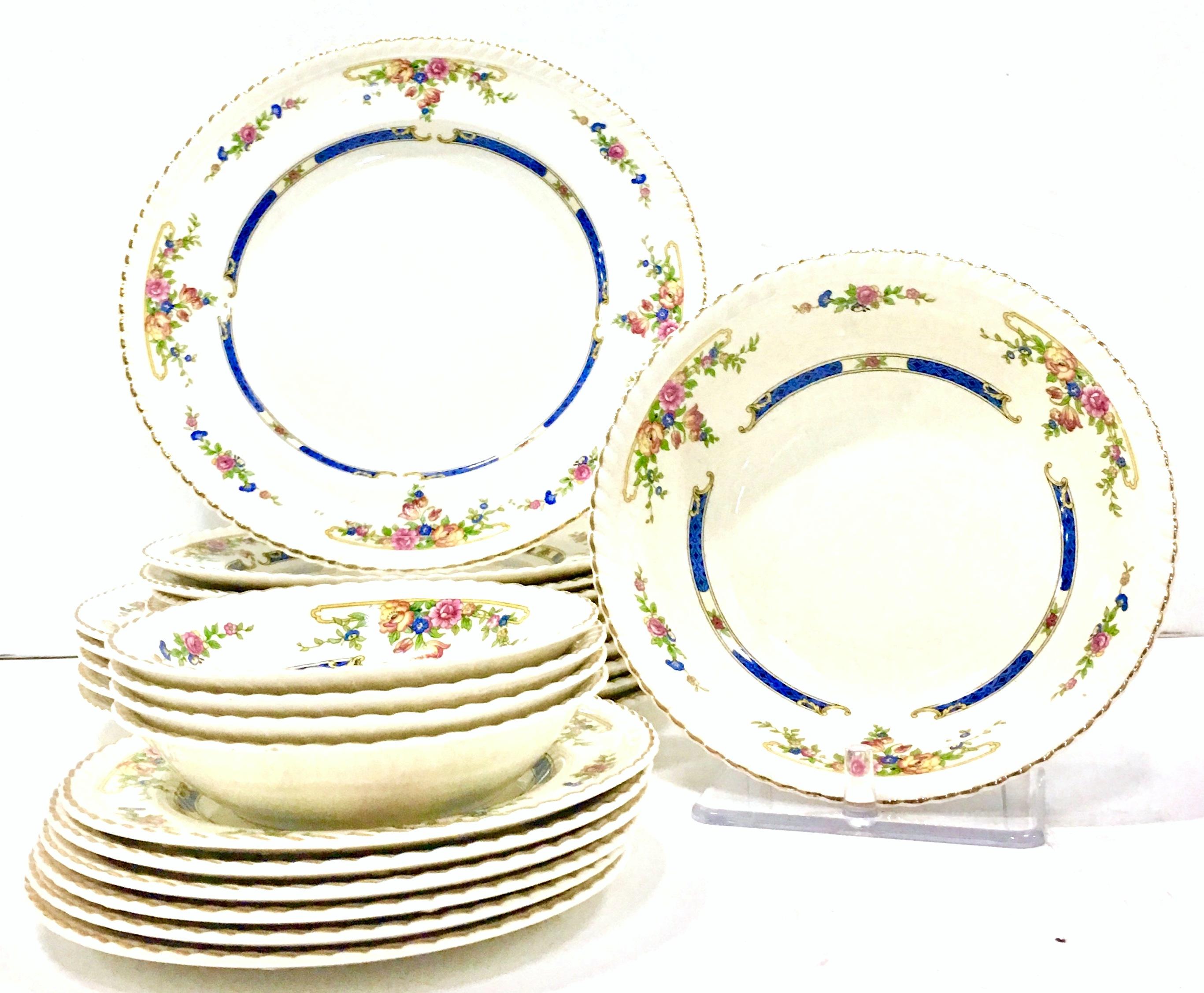 Antique English Art Nouveau floral motif porcelain dinnerware set of 21 pieces in the 