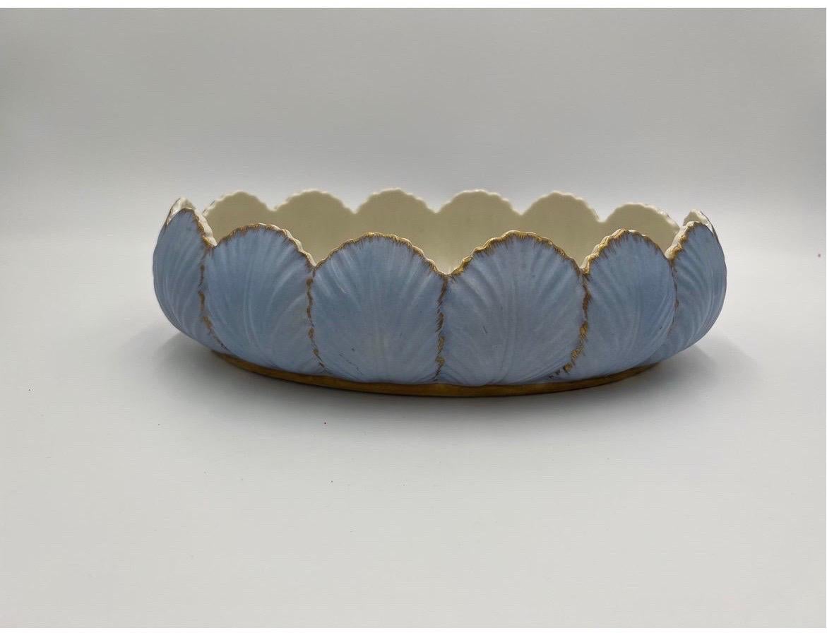 Very fine antique english bisque porcelain centerpiece bowl with blue scalloped floral / shell motif to exterior. Unmarked.