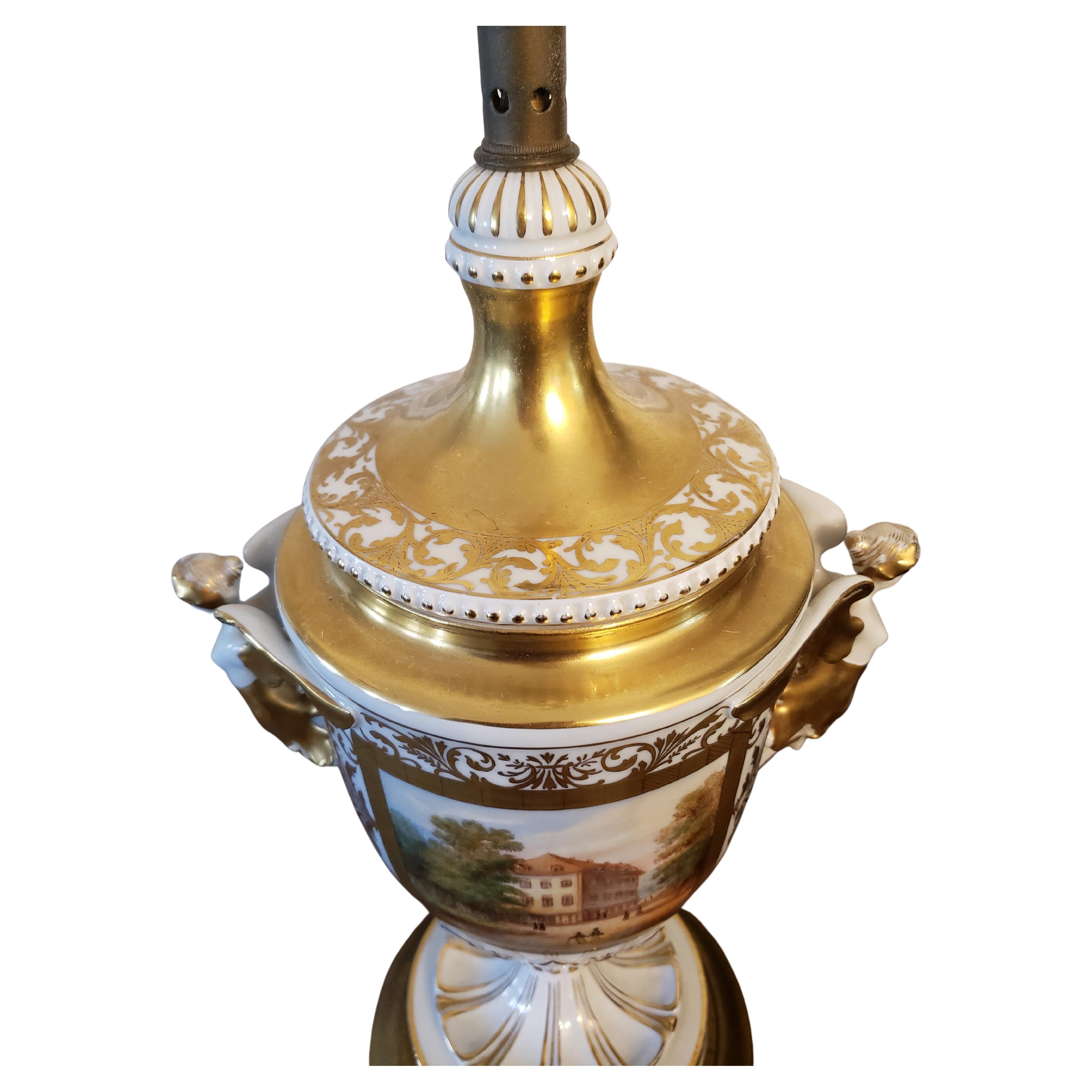 Antique English Porcelain Hand Painted 24K Gold Plated Trophy Lamp, Circa 1920s For Sale 3