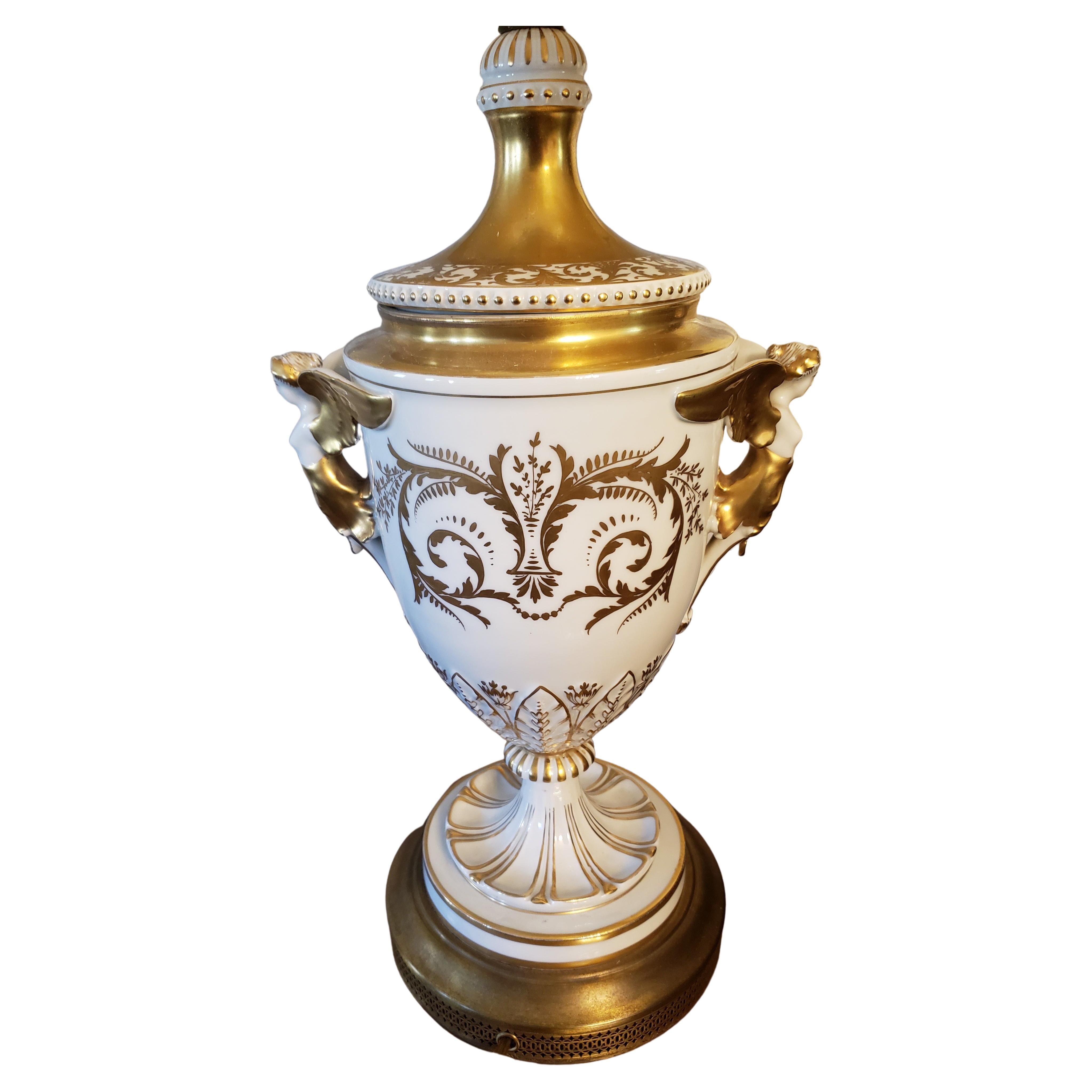 Hand-Crafted Antique English Porcelain Hand Painted 24K Gold Plated Trophy Lamp, Circa 1920s For Sale