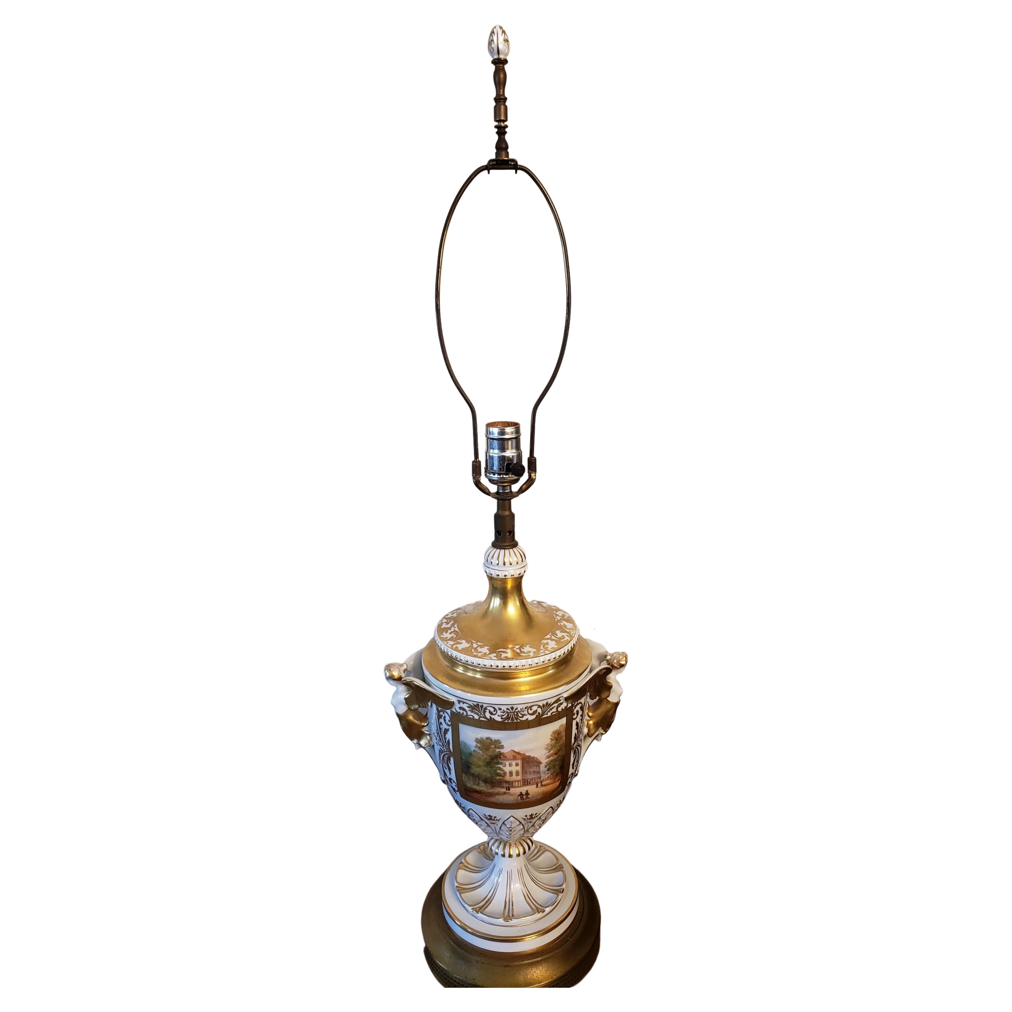 Antique English Porcelain Hand Painted 24K Gold Plated Trophy Lamp, Circa 1920s For Sale 1