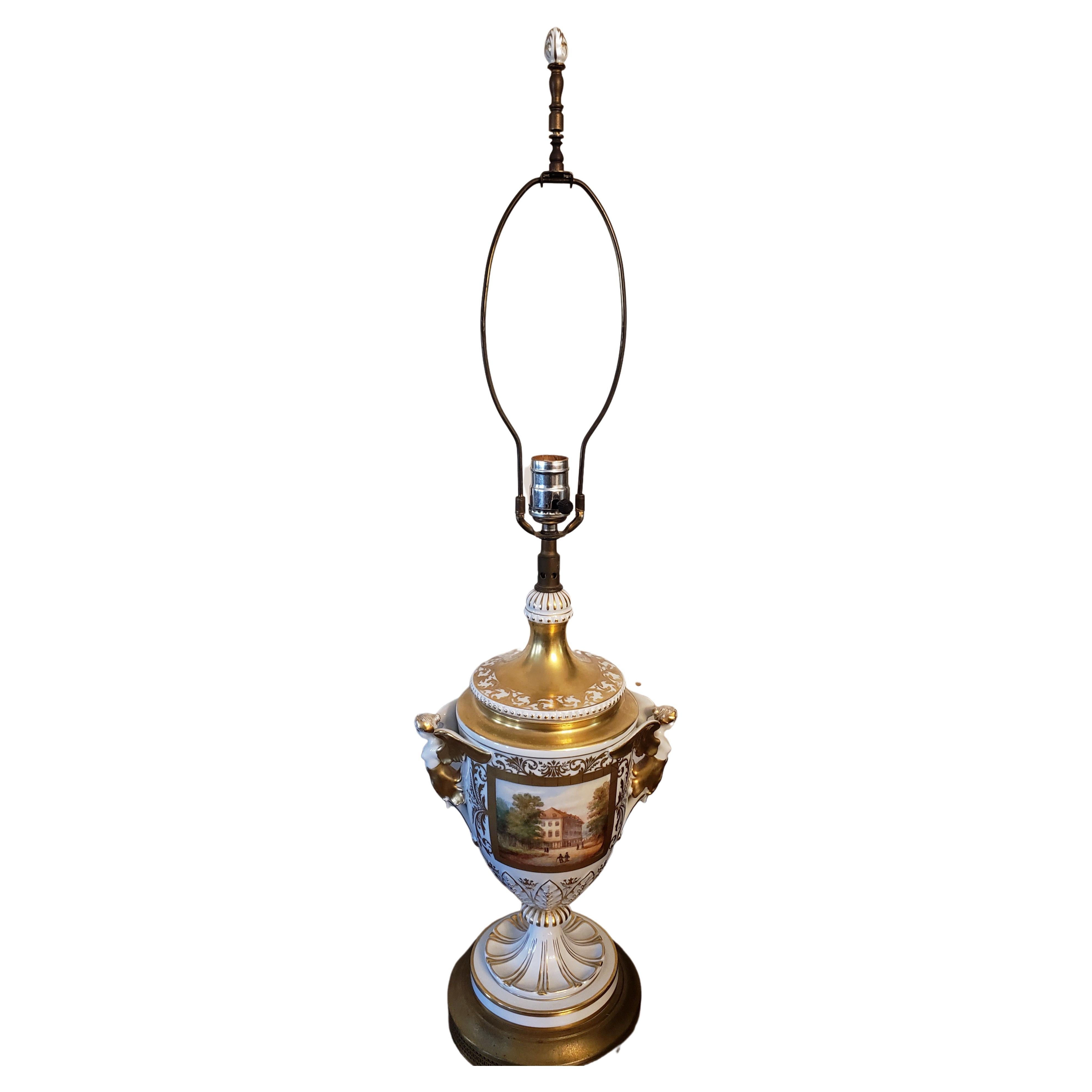 Antique English Porcelain Hand Painted 24K Gold Plated Trophy Lamp, Circa 1920s For Sale 2