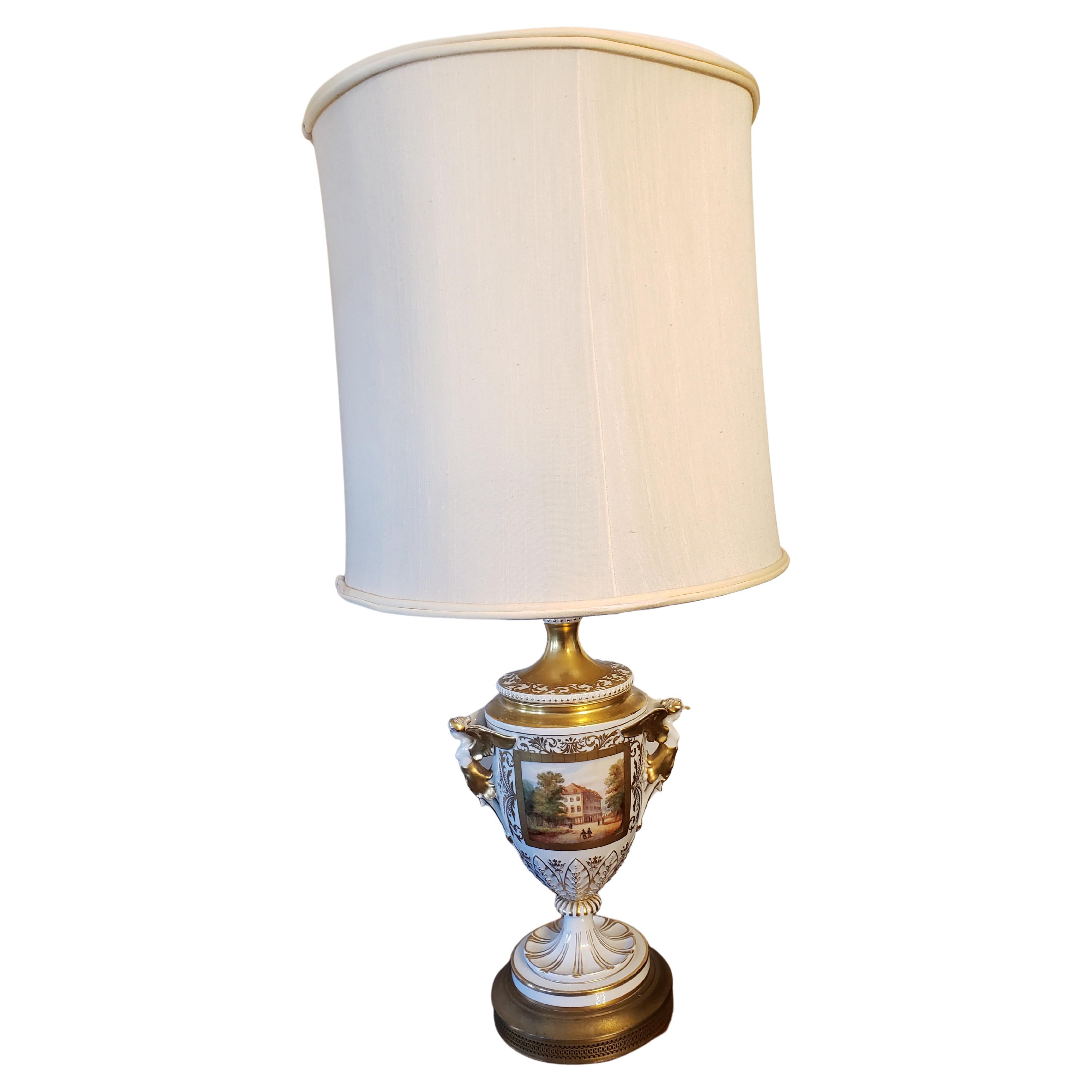 Antique English Porcelain Hand Painted 24K Gold Plated Trophy Lamp, Circa 1920s For Sale