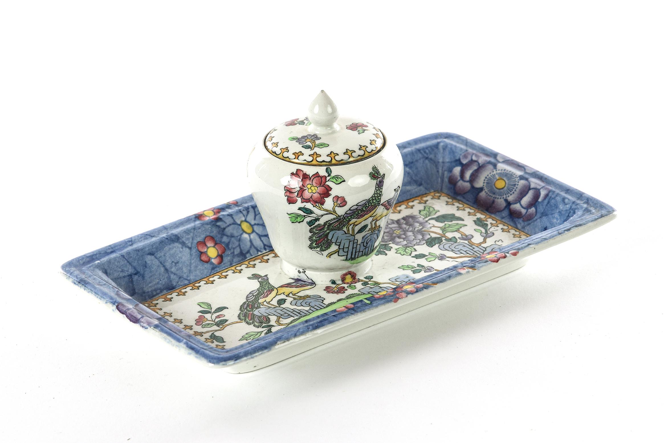 A charming piece of Spode Porcelain with an intricate design from one of Peacock series. The design and colors remain crisp and the inkwell is in very good antique condition.